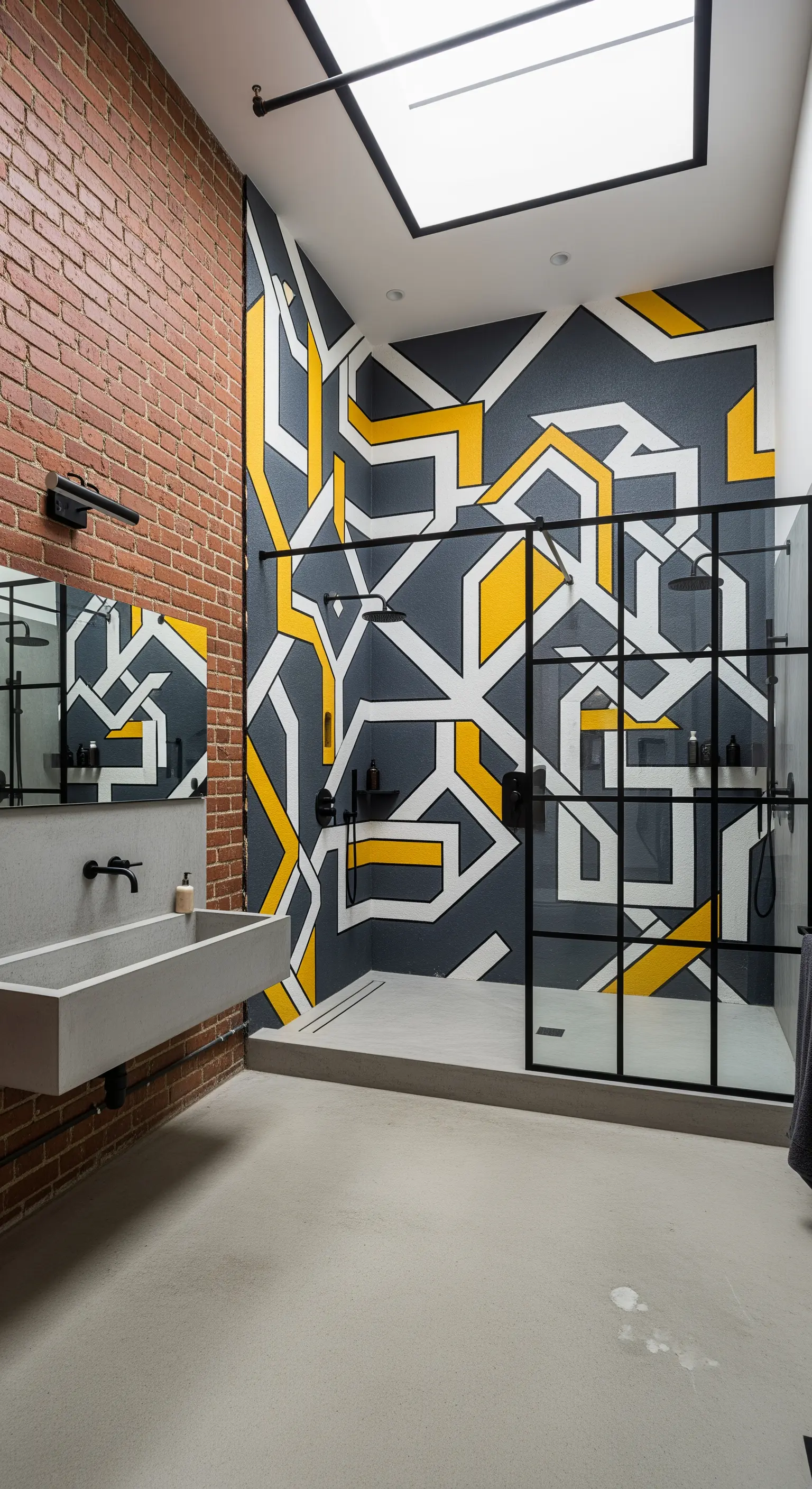 Bagno industriale con parete in mattoni, murale geometrico grigio e giallo e doccia con profili neri.