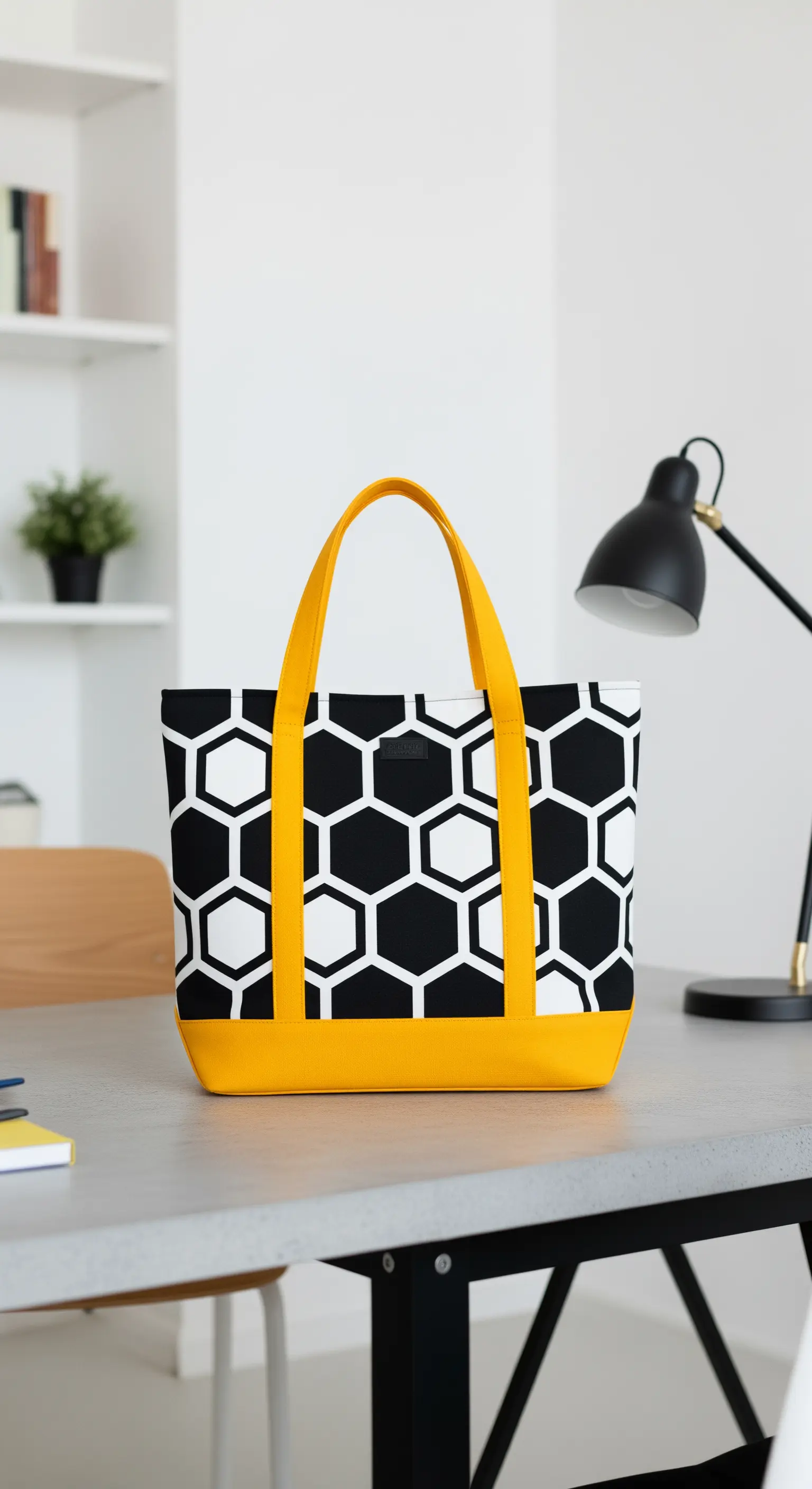 Borsa shopper con motivo a nido d'ape bianco e nero e manici gialli a contrasto.