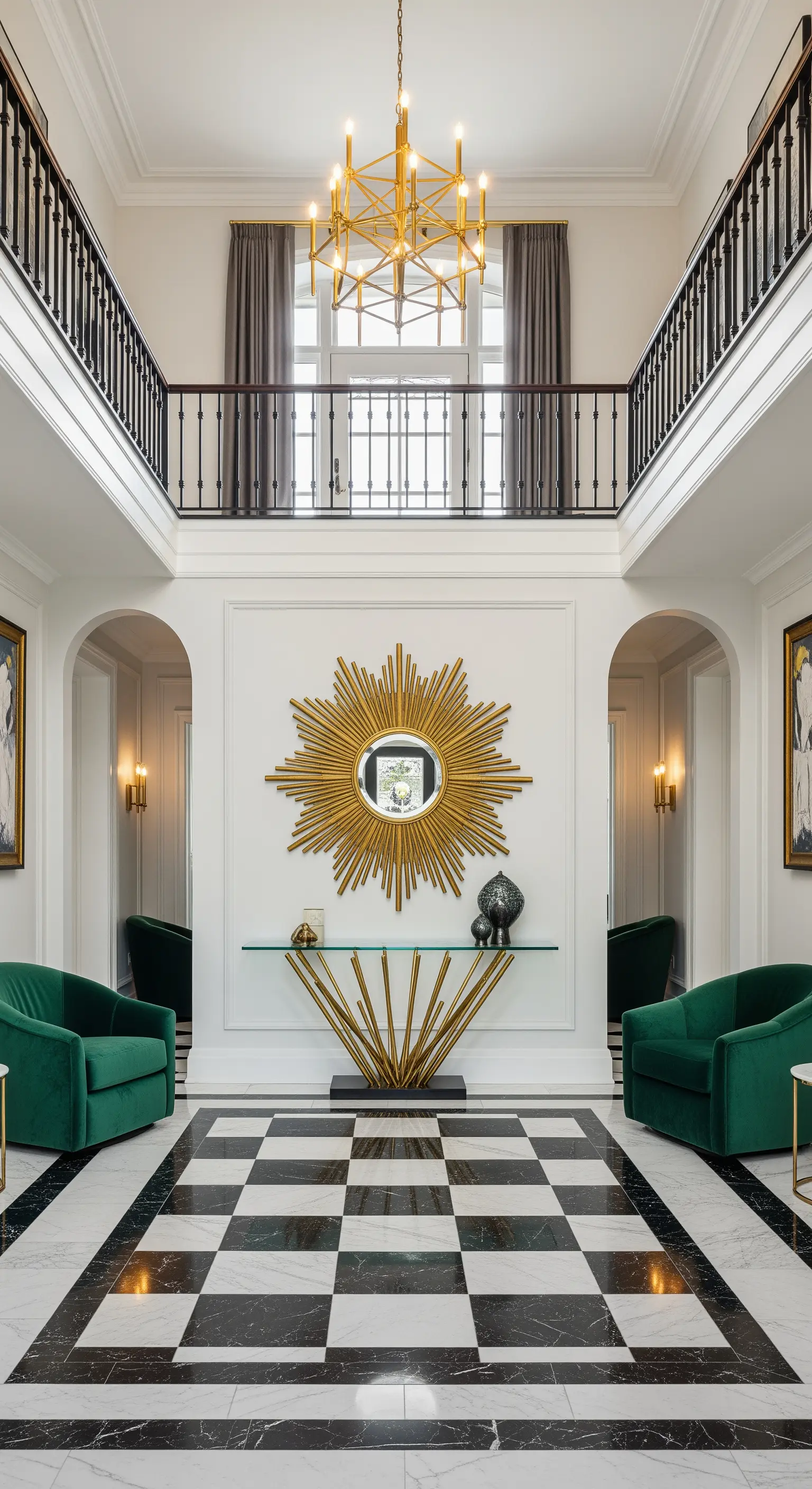 Atrio maestoso con pavimento a scacchiera, specchio a sole dorato e poltrone in velluto verde.