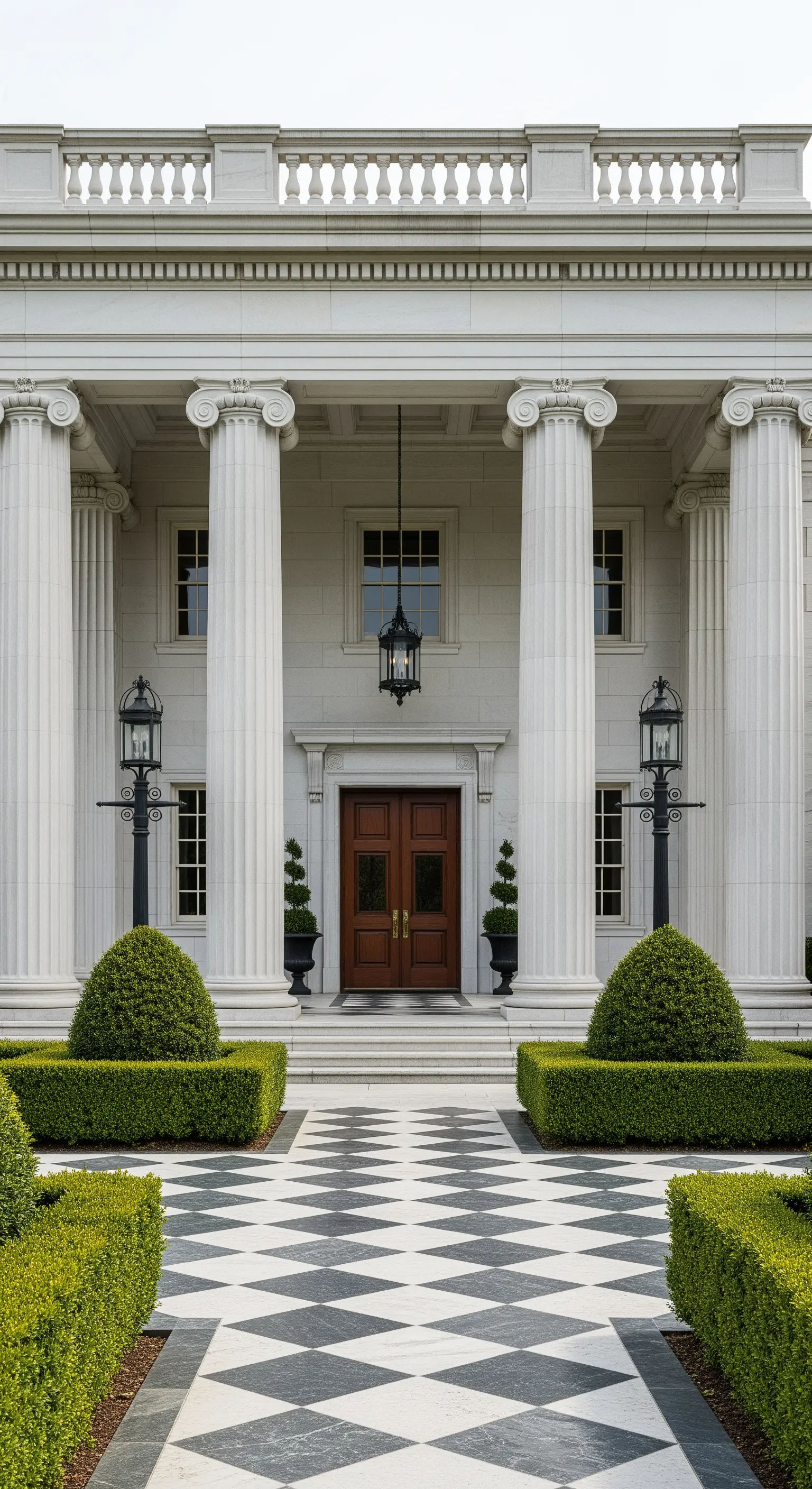 Ingresso monumentale con colonne doriche, pavimento a scacchiera e siepi geometriche.