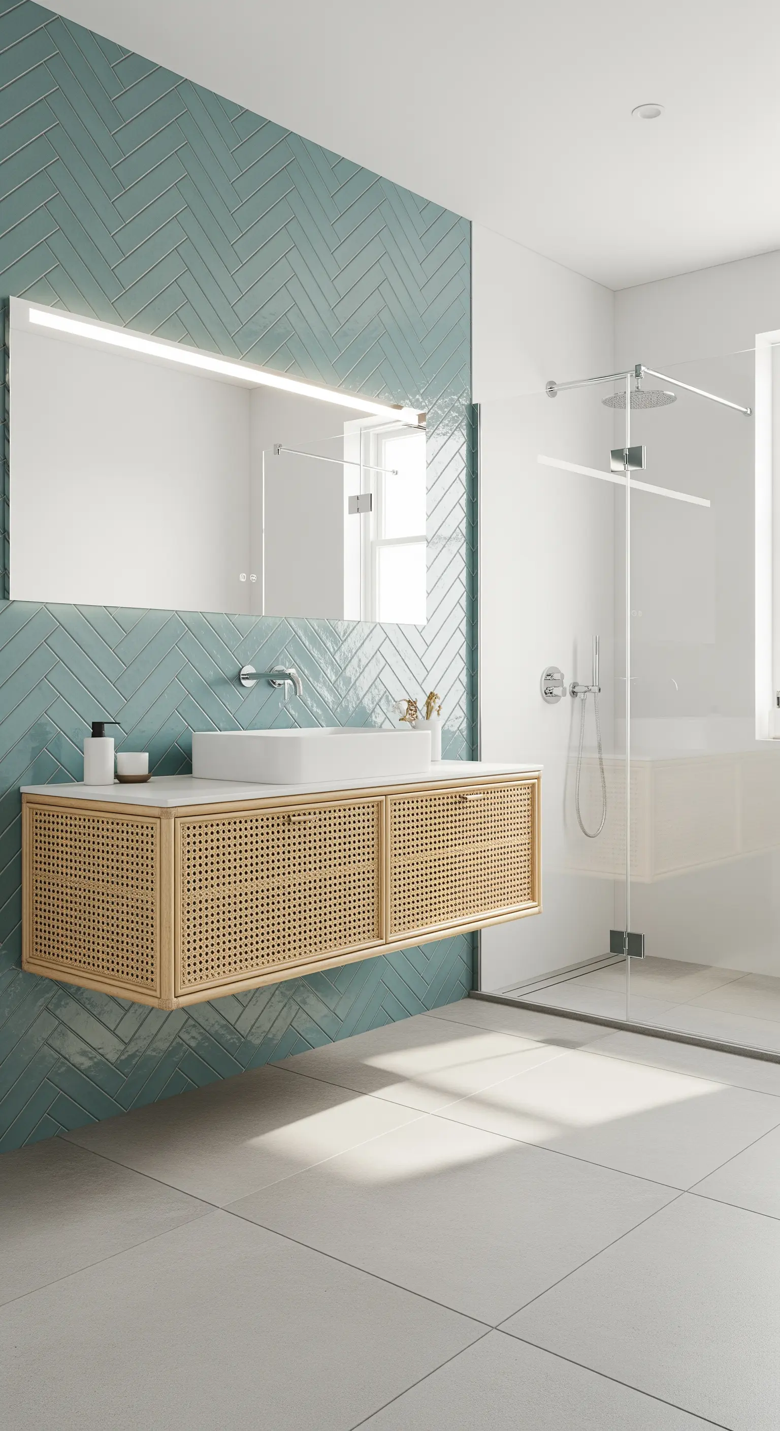 Mobile bagno sospeso in rattan e parete con piastrelle verde acqua a spina di pesce.