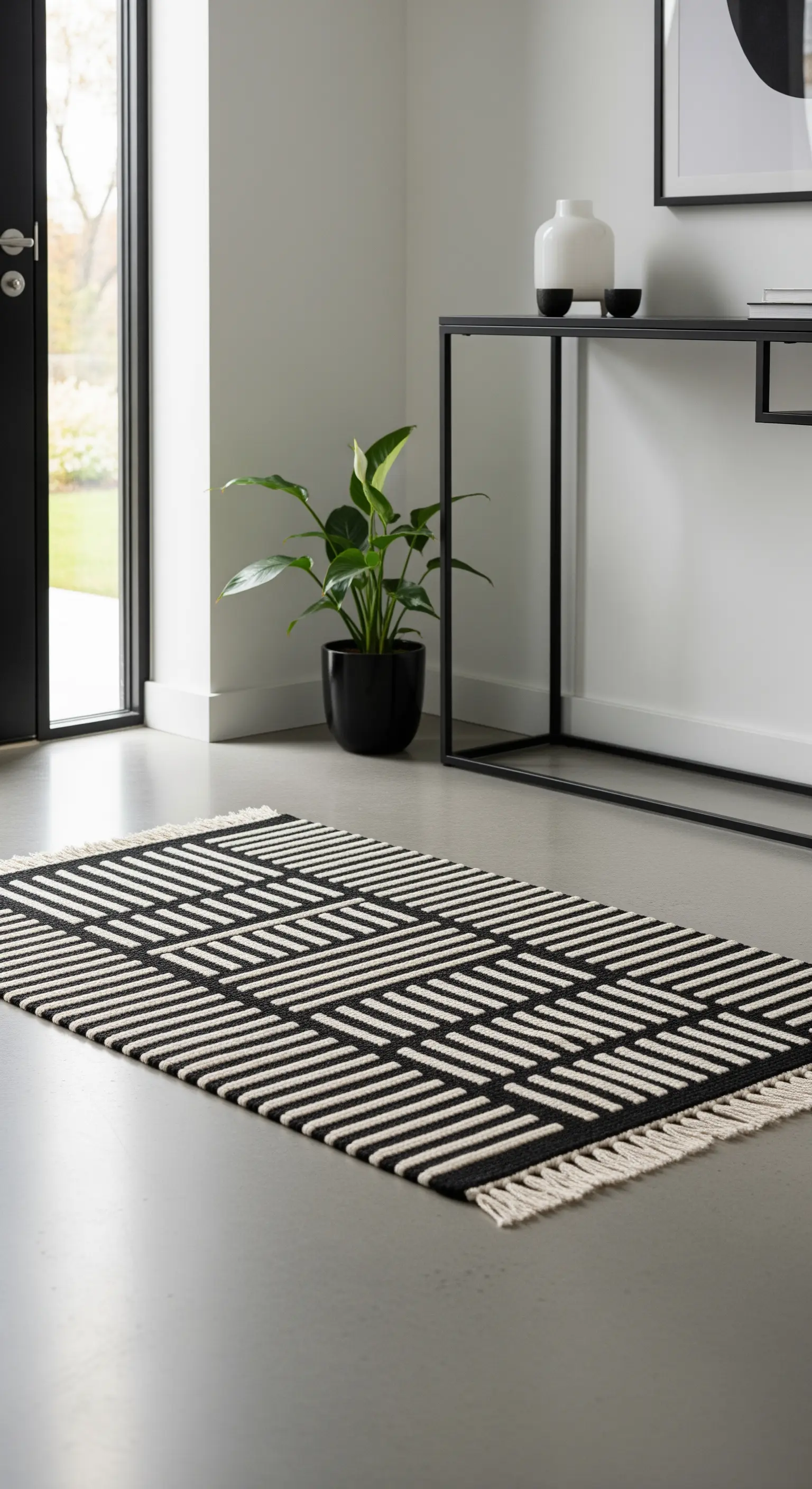 Tappeto geometrico in bianco e nero in un ingresso moderno con consolle minimalista.