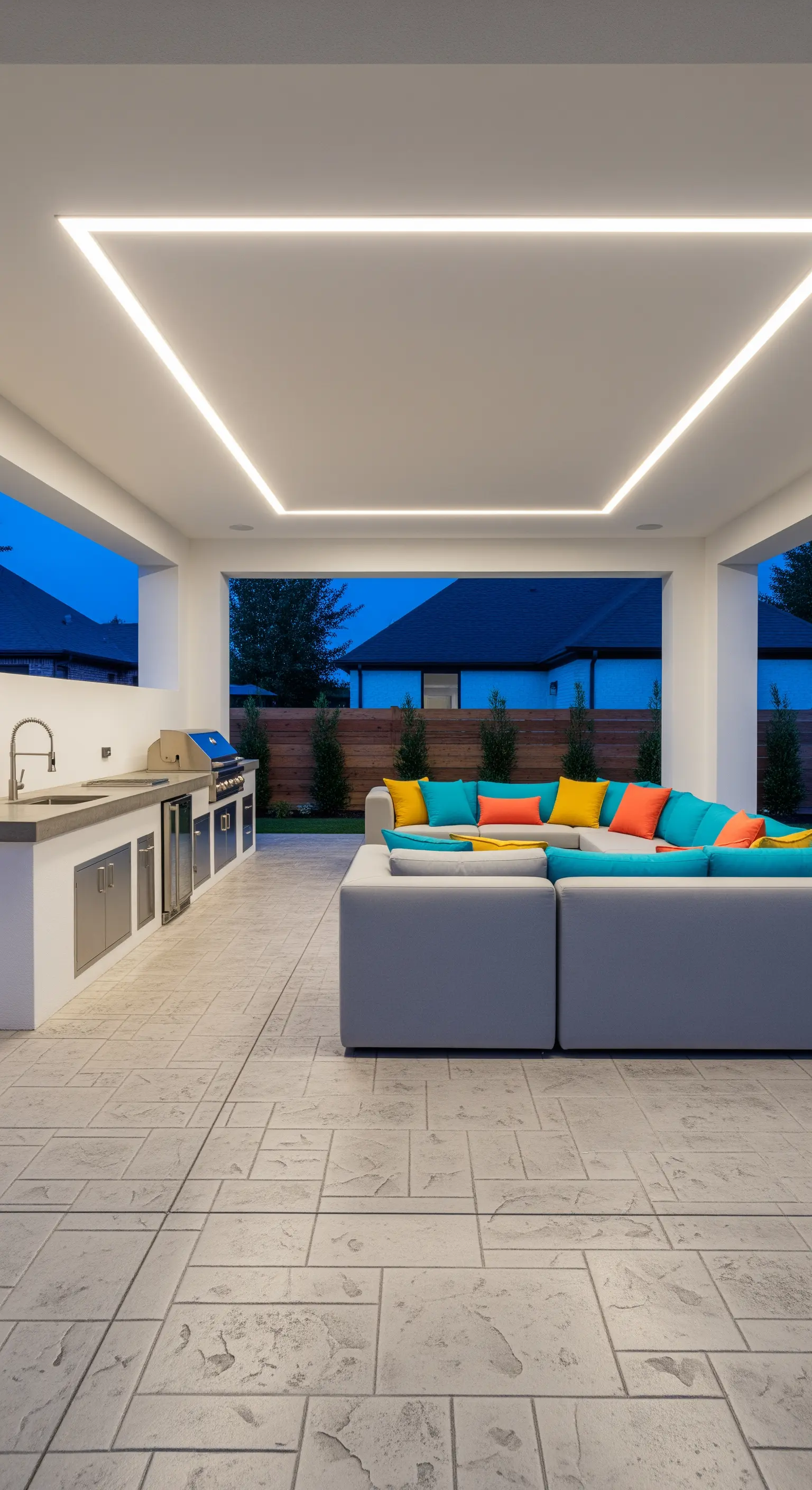 Portico con cucina esterna, divano grigio con cuscini colorati e luce LED quadrata sul soffitto