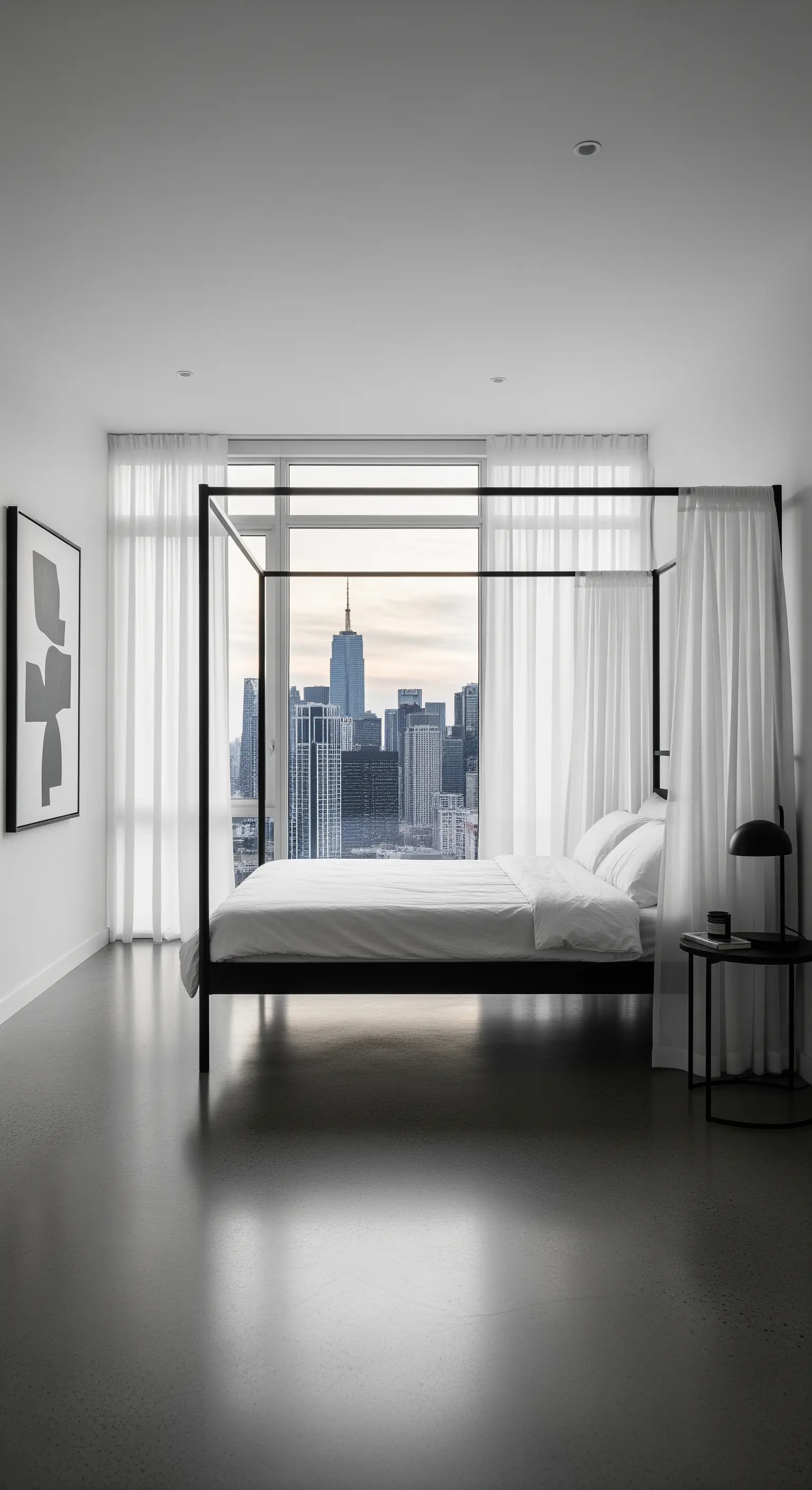 Letto a baldacchino minimalista in metallo nero con tende bianche in un appartamento moderno.