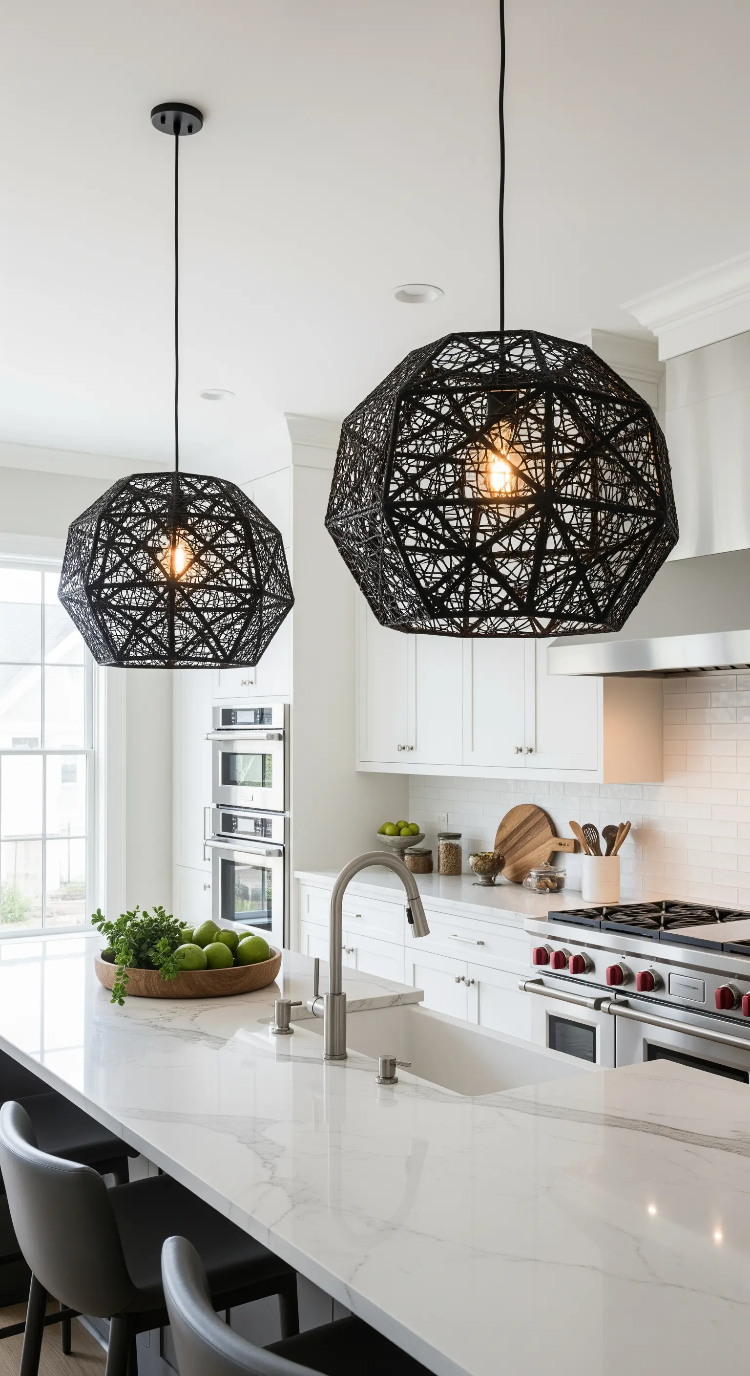 Due lampadari geometrici neri sospesi sull'isola di una cucina bianca.