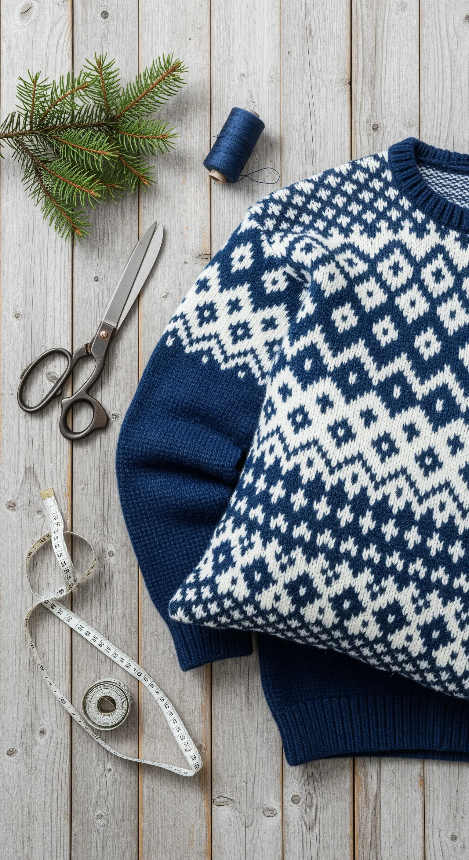 Maglione nordico blu e bianco trasformato in fodera, con forbici e metro da sarta.