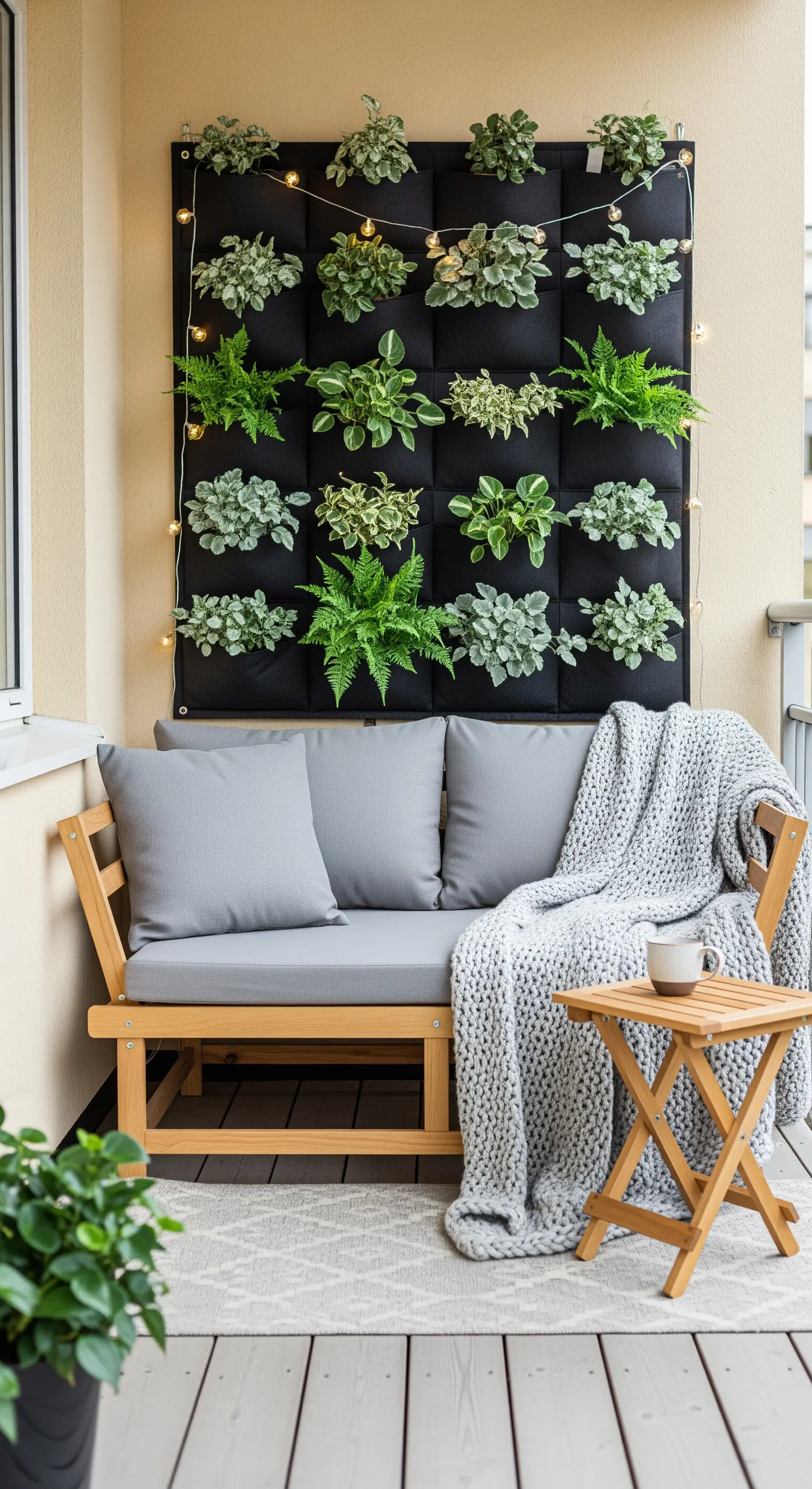 Divanetto in legno, parete verde modulare e coperta in maglia su un balcone in stile scandinavo.