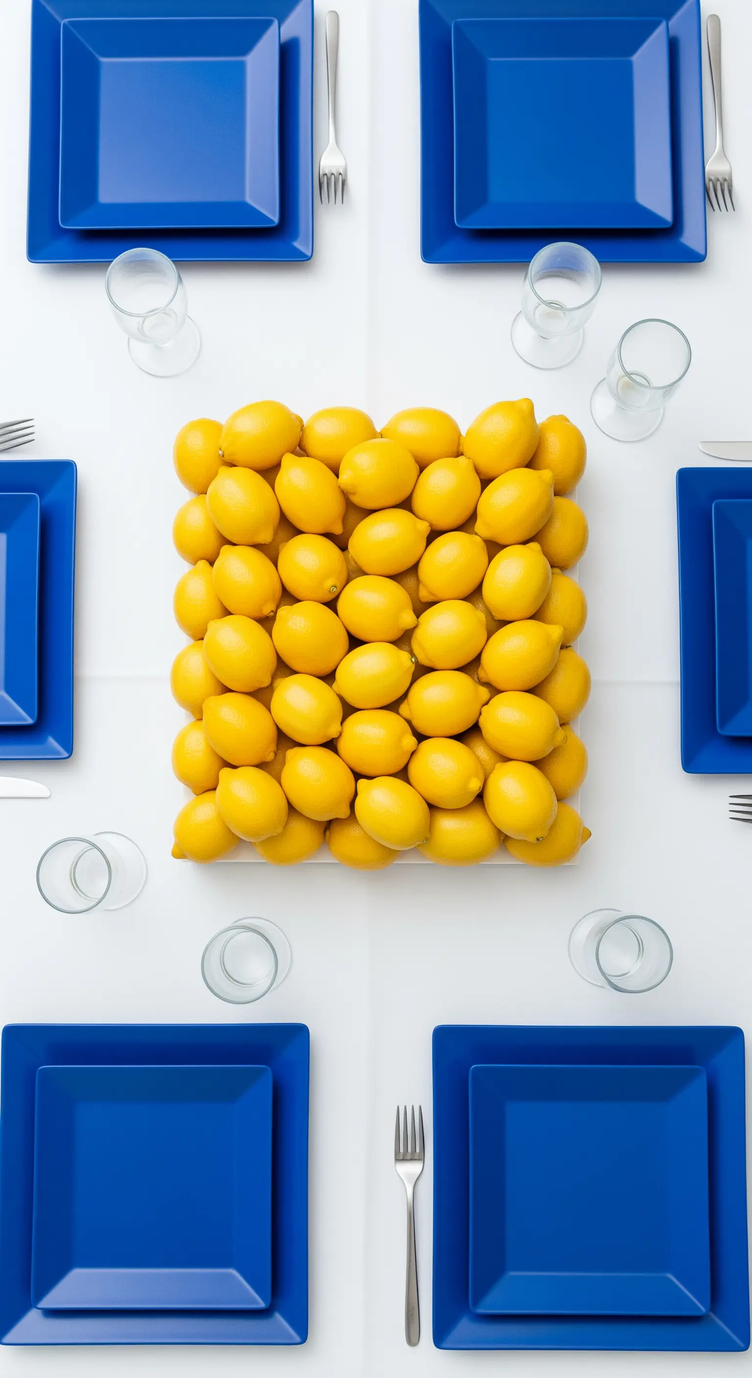 Tavola vista dall'alto con piatti quadrati blu e un centrotavola compatto di limoni.