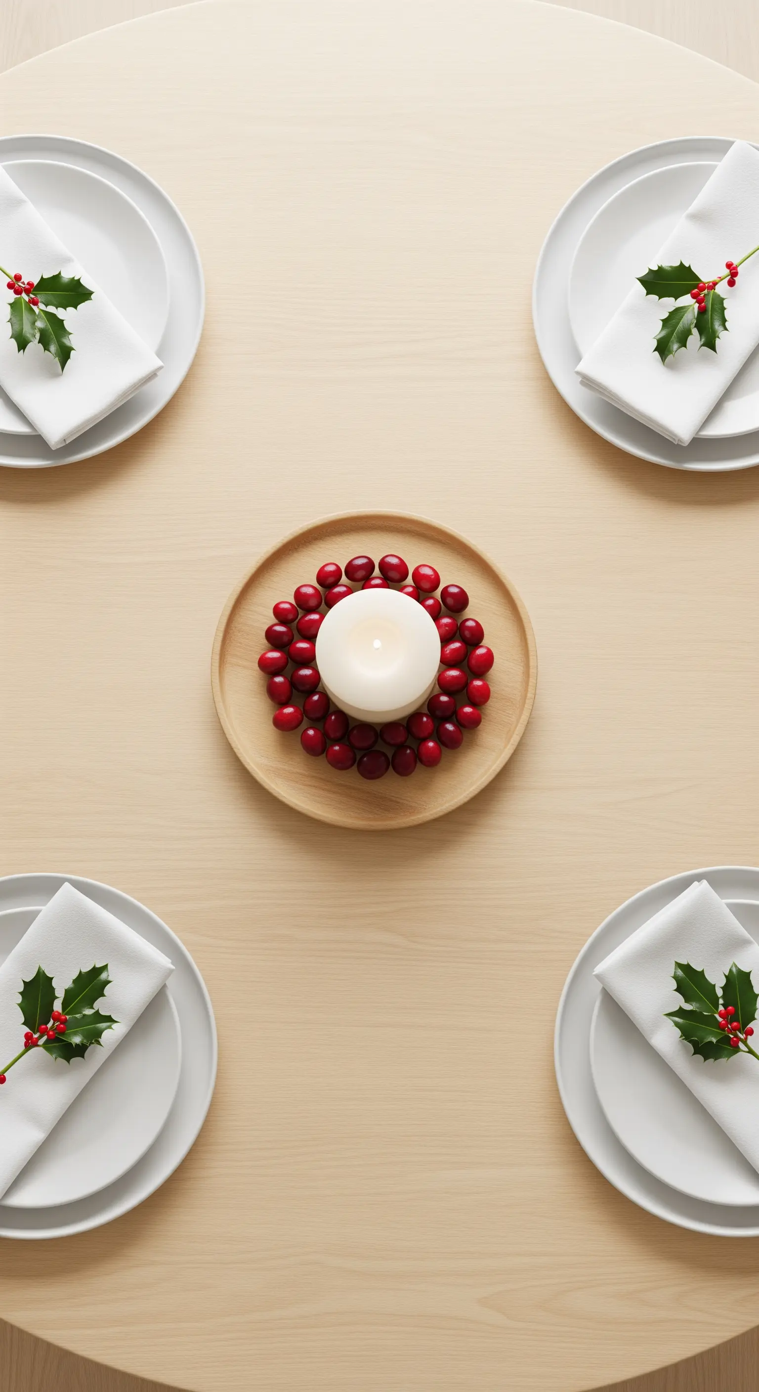 Centrotavola minimalista con candela bianca circondata da mirtilli rossi.