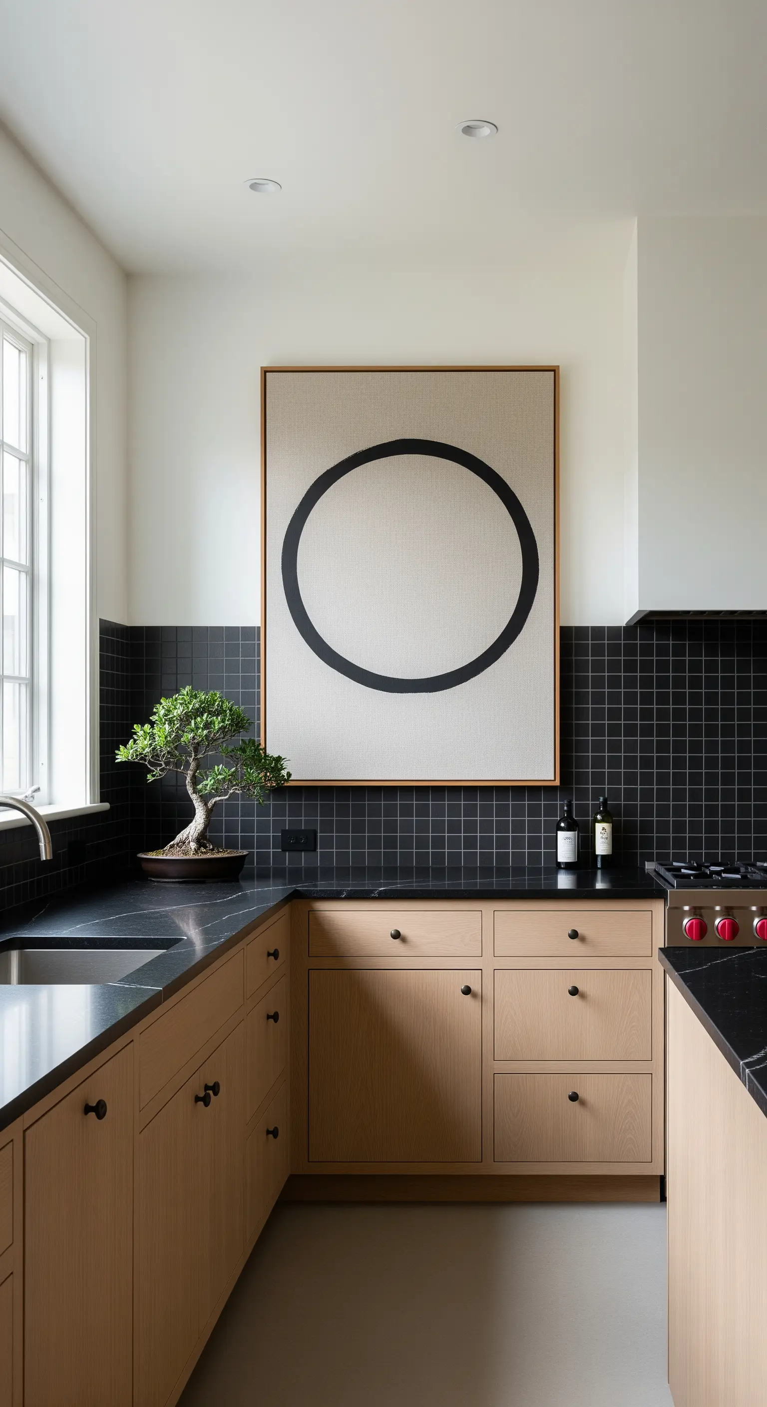 Cucina minimalista con piastrelle quadrate nere e un quadro con un cerchio nero.