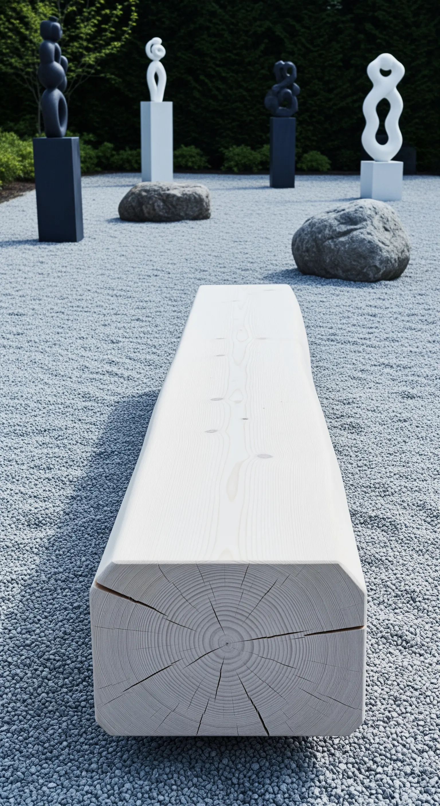 Lunga panca a trave squadrata in legno sbiancato, posizionata su un letto di ghiaia grigia.