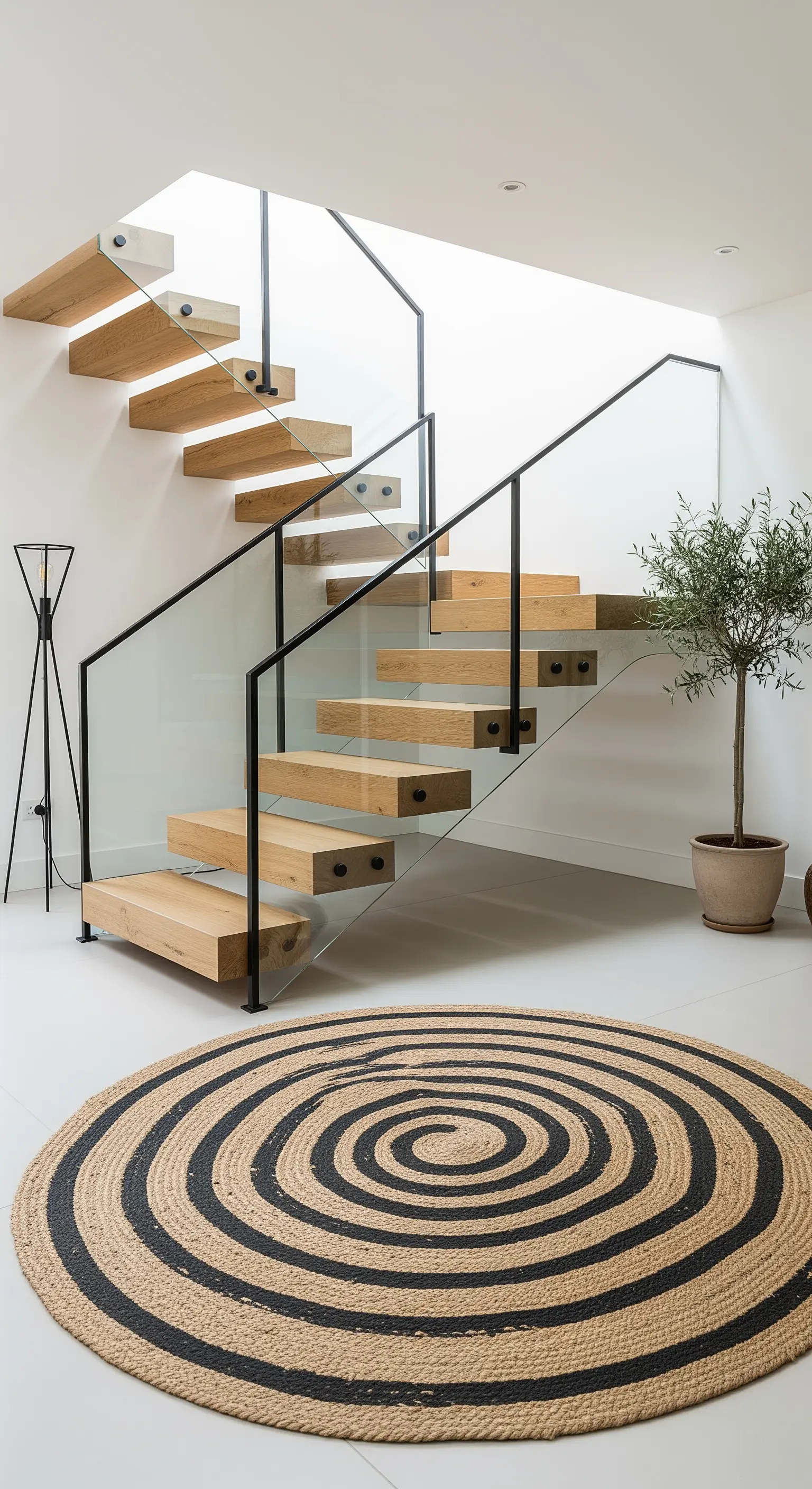 Scala moderna con gradini in legno e parapetto in vetro, con tappeto rotondo in juta.