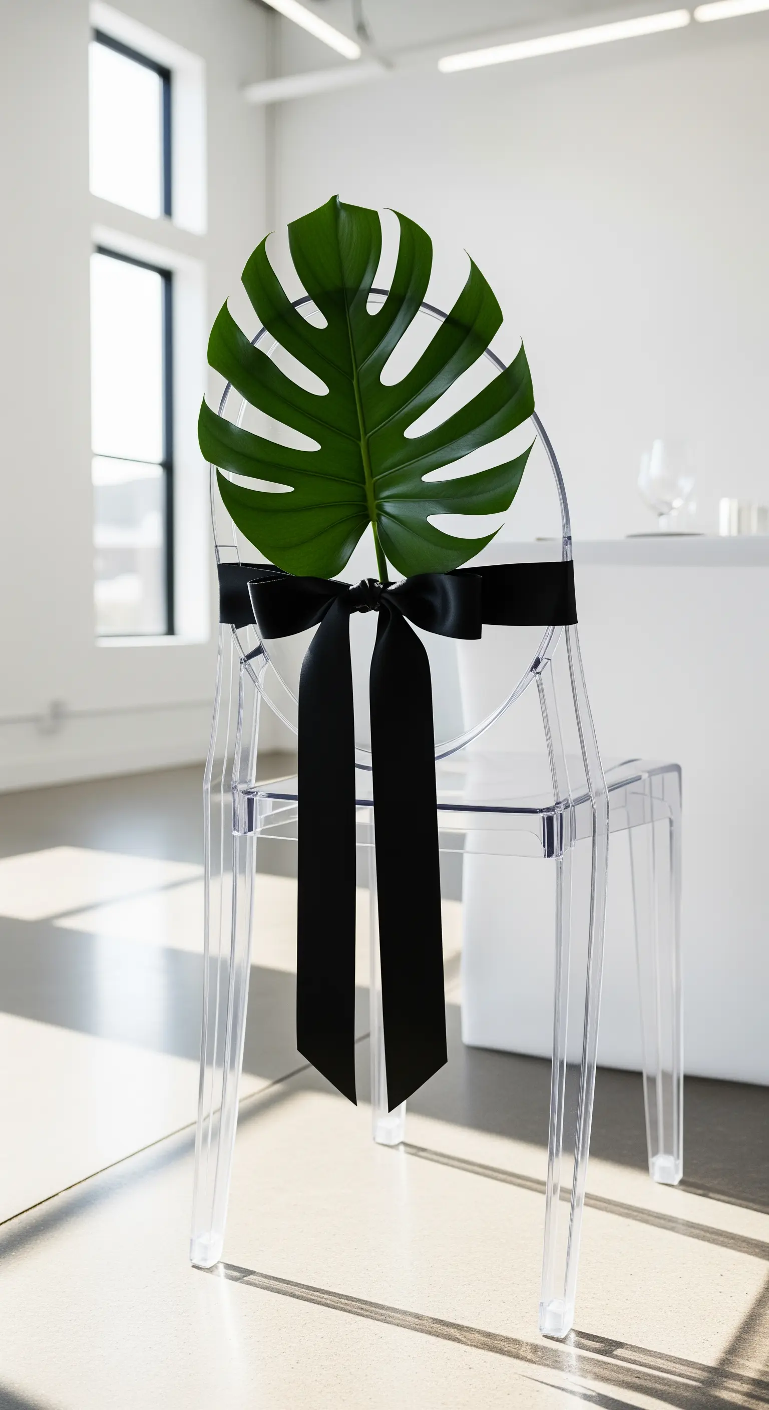 Sedia trasparente di design decorata con una grande foglia di Monstera e un nastro nero.