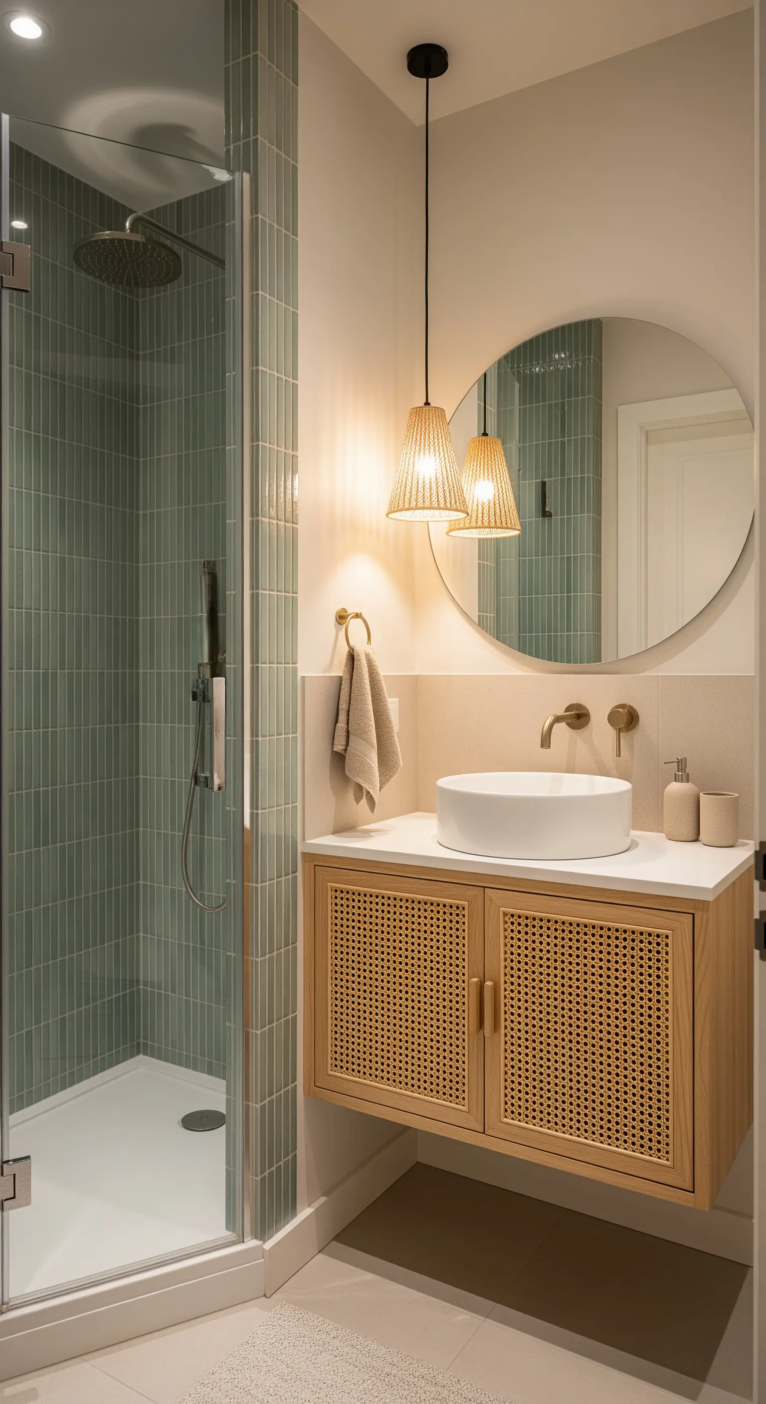 Doccia con piastrelle verticali verde salvia e mobile sospeso in legno e rattan.