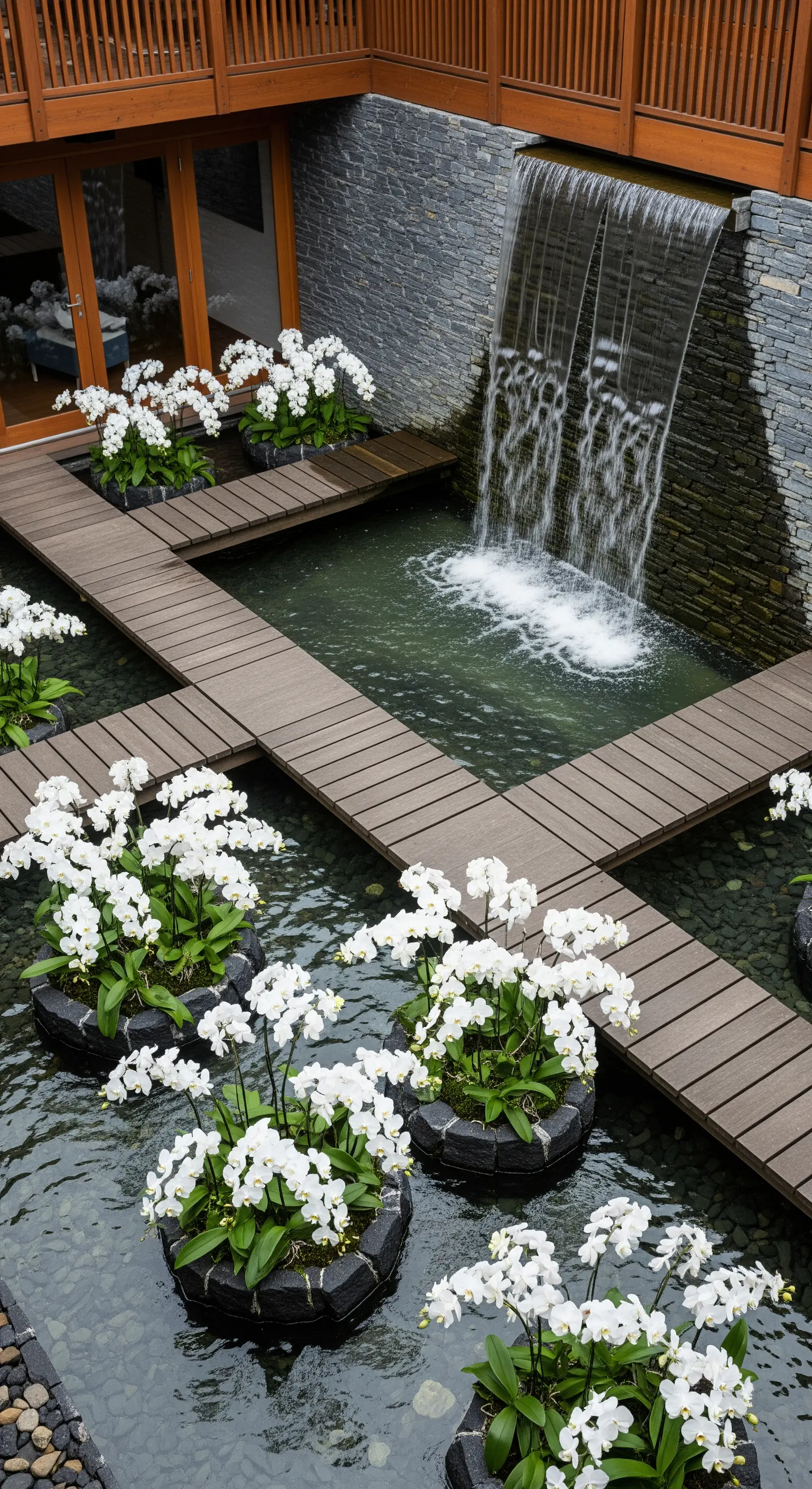 Cortile moderno con passerelle in legno scuro, orchidee bianche e una cascata a parete.