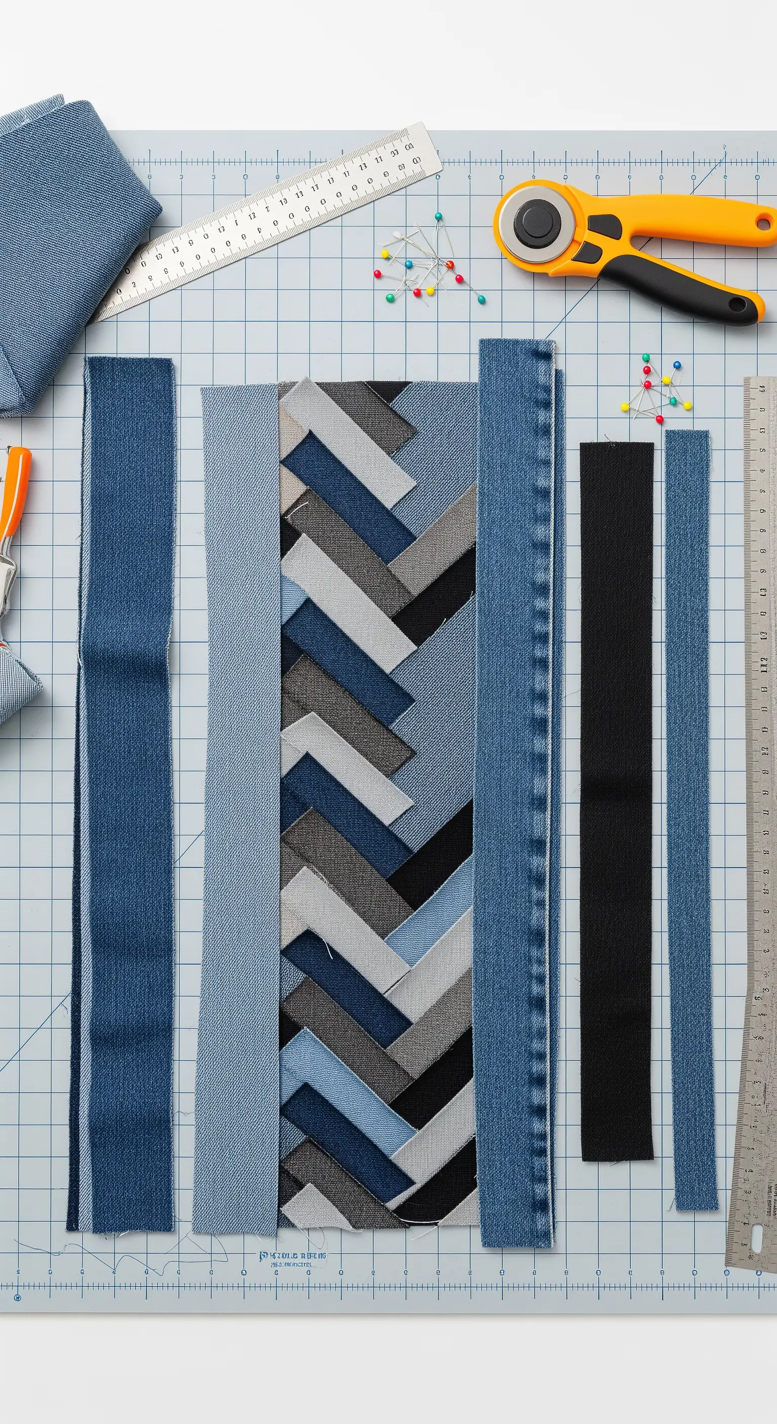 Piano di lavoro con strumenti da taglio e pezzi di jeans disposti per creare un motivo a spina di pesce.