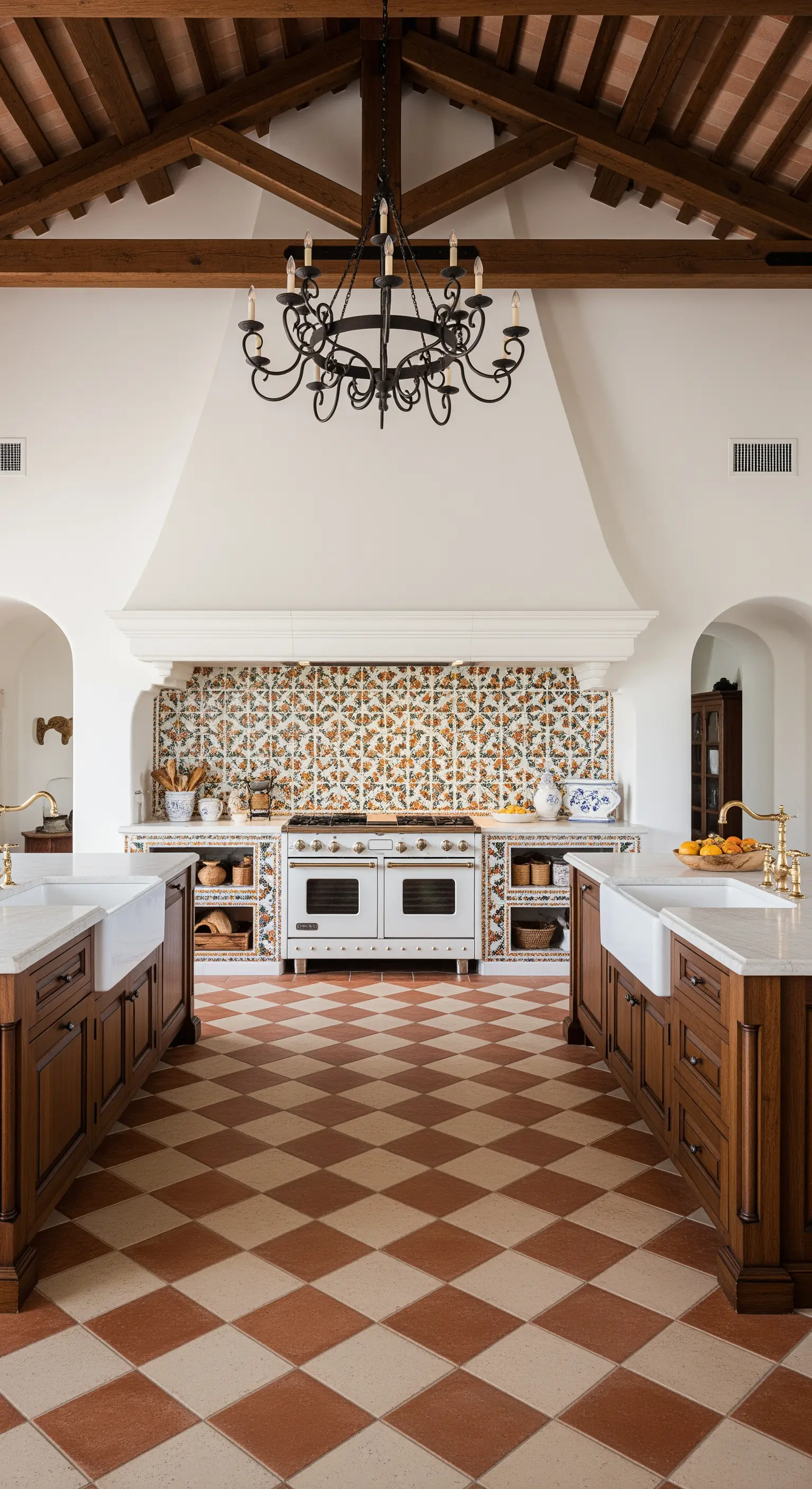Ampia cucina con pavimento a scacchi in cotto e crema, mobili in legno e cappa imponente.