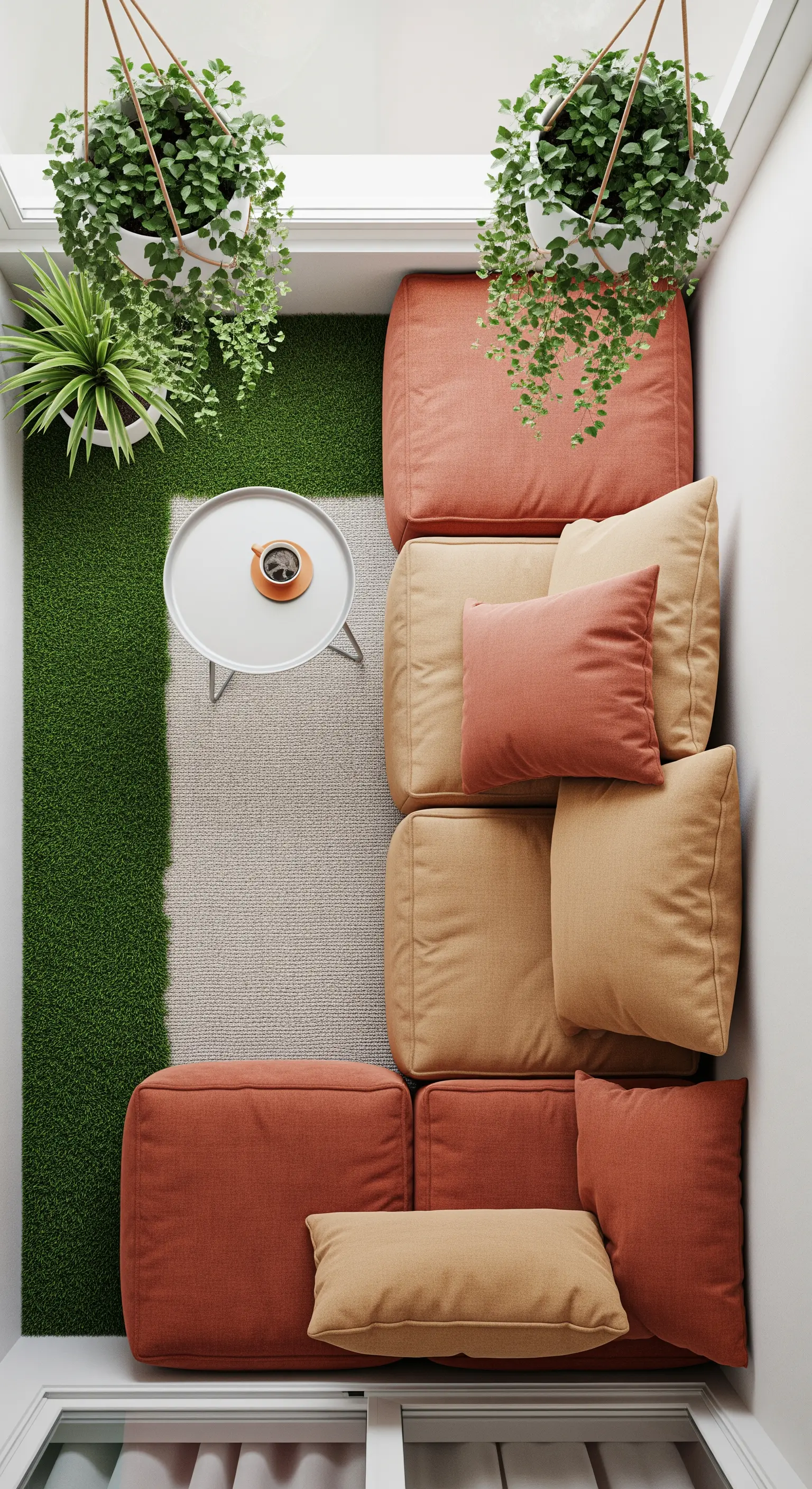 Vista dall'alto di un piccolo balcone con cuscini modulari colorati e tappeto di erba sintetica.