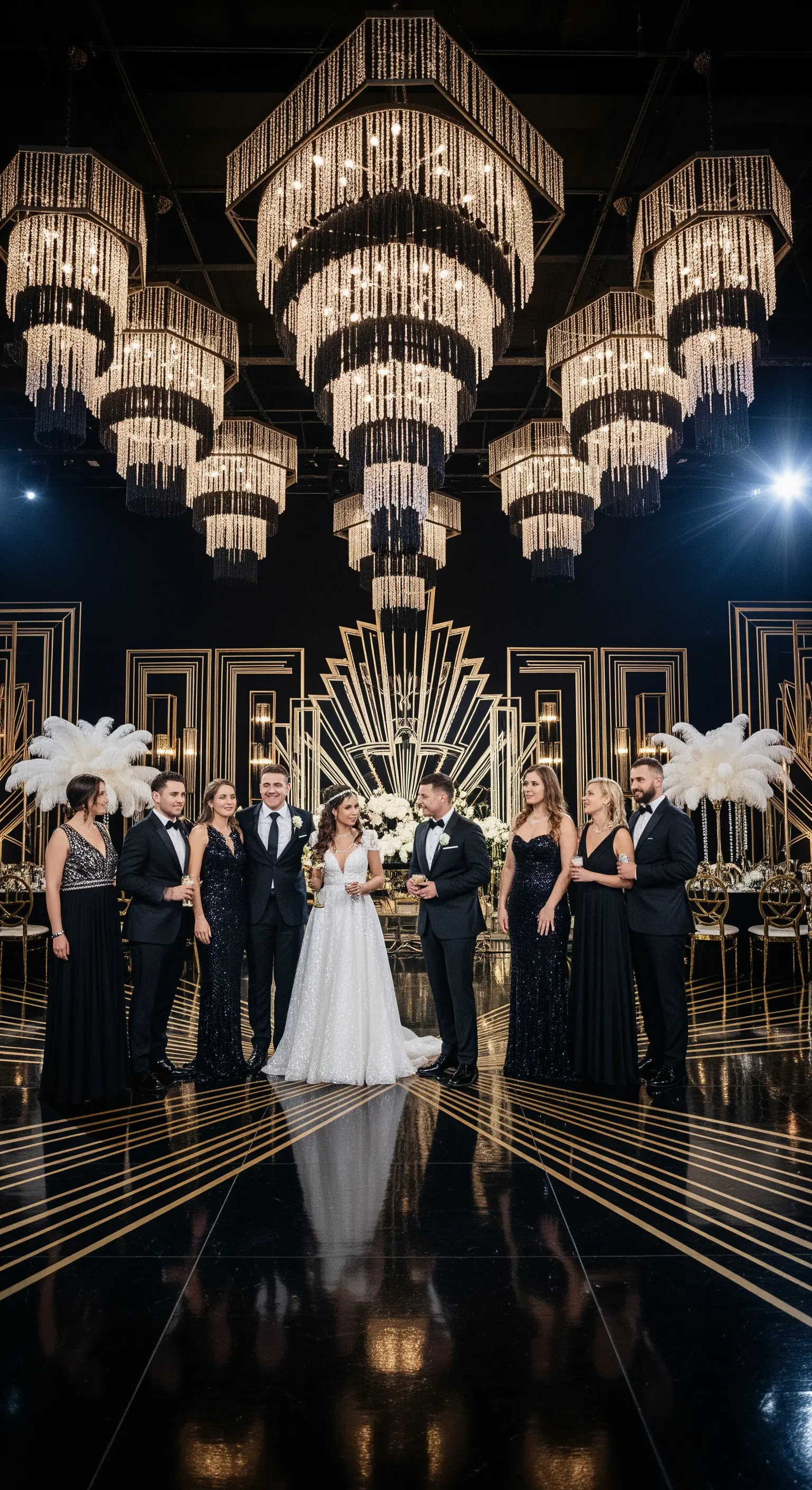 Ricevimento in stile Art Déco con un gruppo di chandelier geometrici sopra una pista da ballo nera e oro.