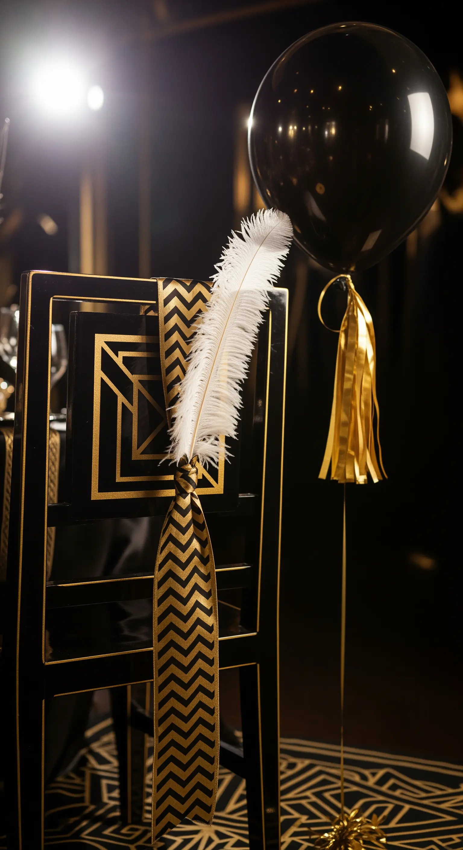 Sedia Art Déco nera e oro con nastro chevron, piuma bianca e palloncino nero.