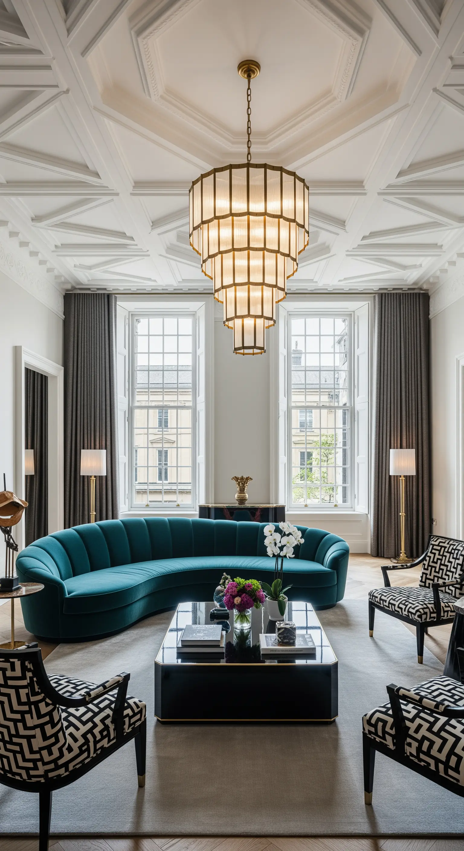 Salotto Art Déco con soffitto a cassettoni, lampadario a più livelli e divano curvo in velluto.