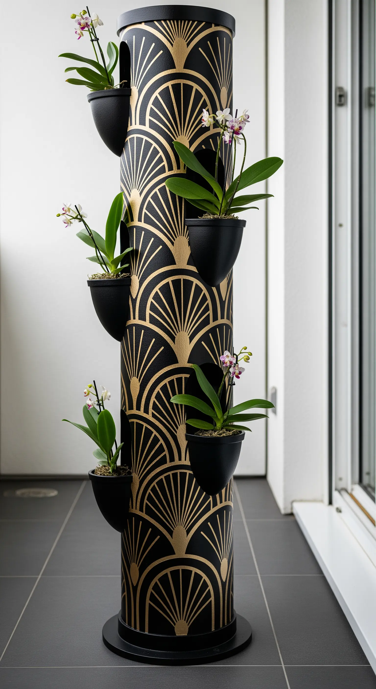 Torre fioriera nera con un motivo Art Déco dorato e piccole orchidee.