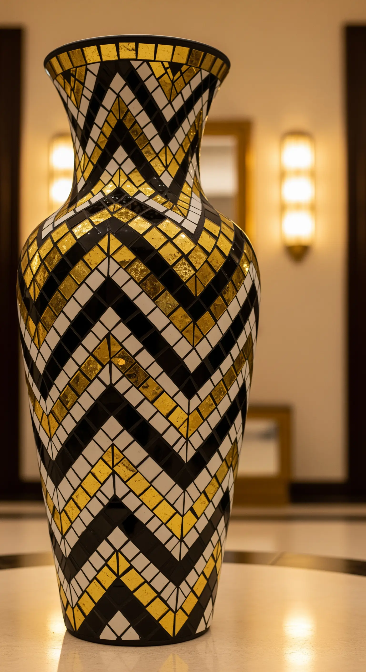Grande vaso a mosaico con un motivo geometrico a chevron nei colori oro, bianco e nero.