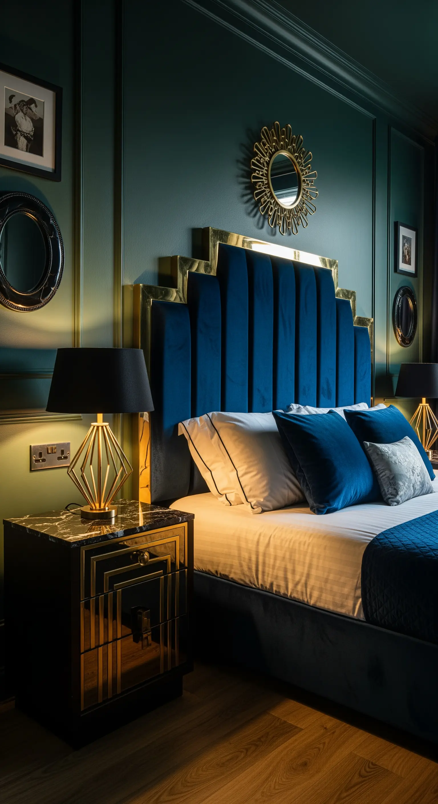 Testiera in velluto blu con profili in ottone e comodino con lampada geometrica.