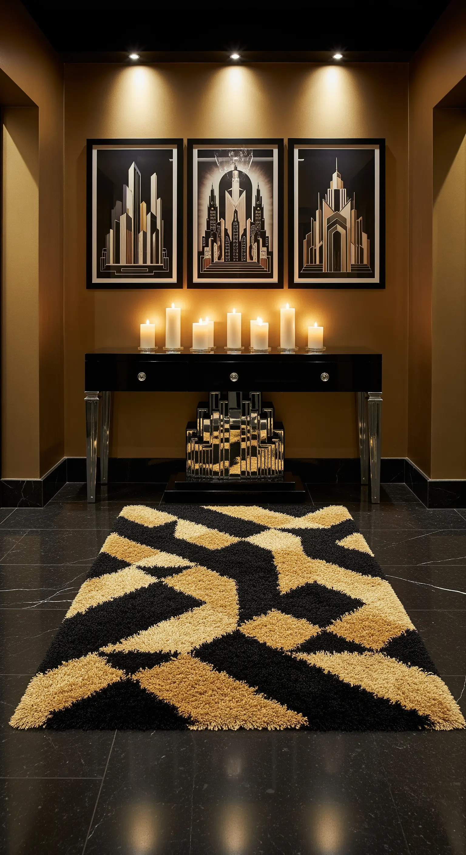 Ingresso in stile Art Déco con tappeto geometrico nero e oro e consolle laccata nera.