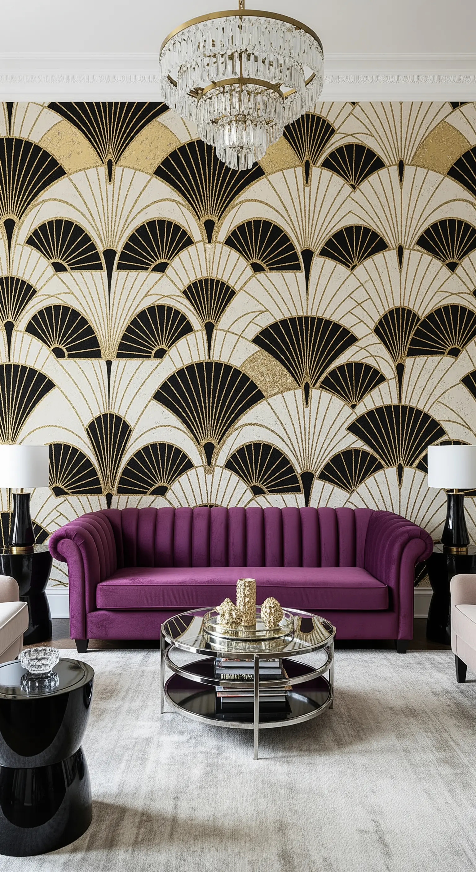 Salotto Art Déco con murale a ventagli neri e oro, e un divano in velluto viola.