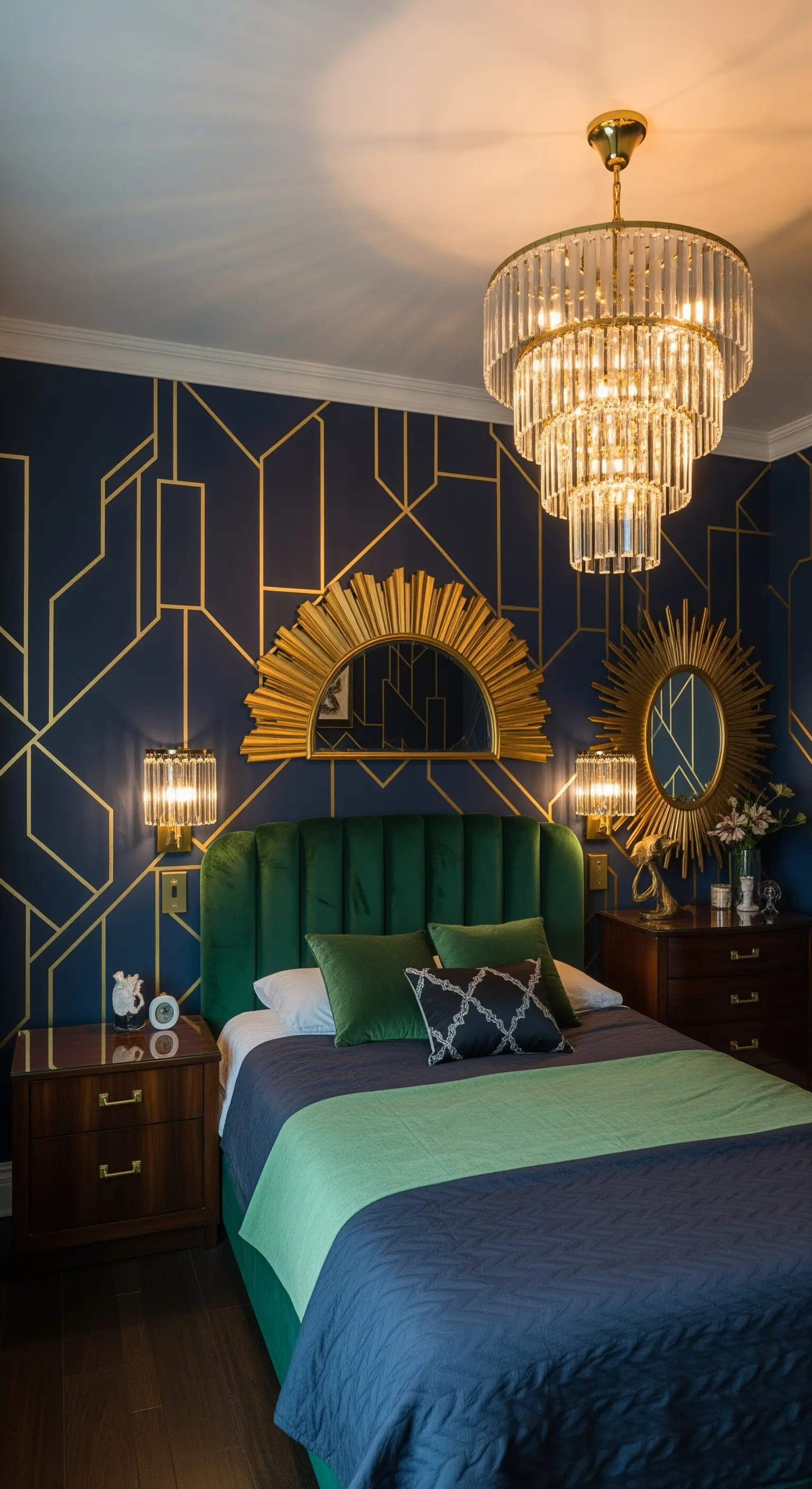 Camera da letto blu Art Déco con parete geometrica dorata e testiera in velluto verde.