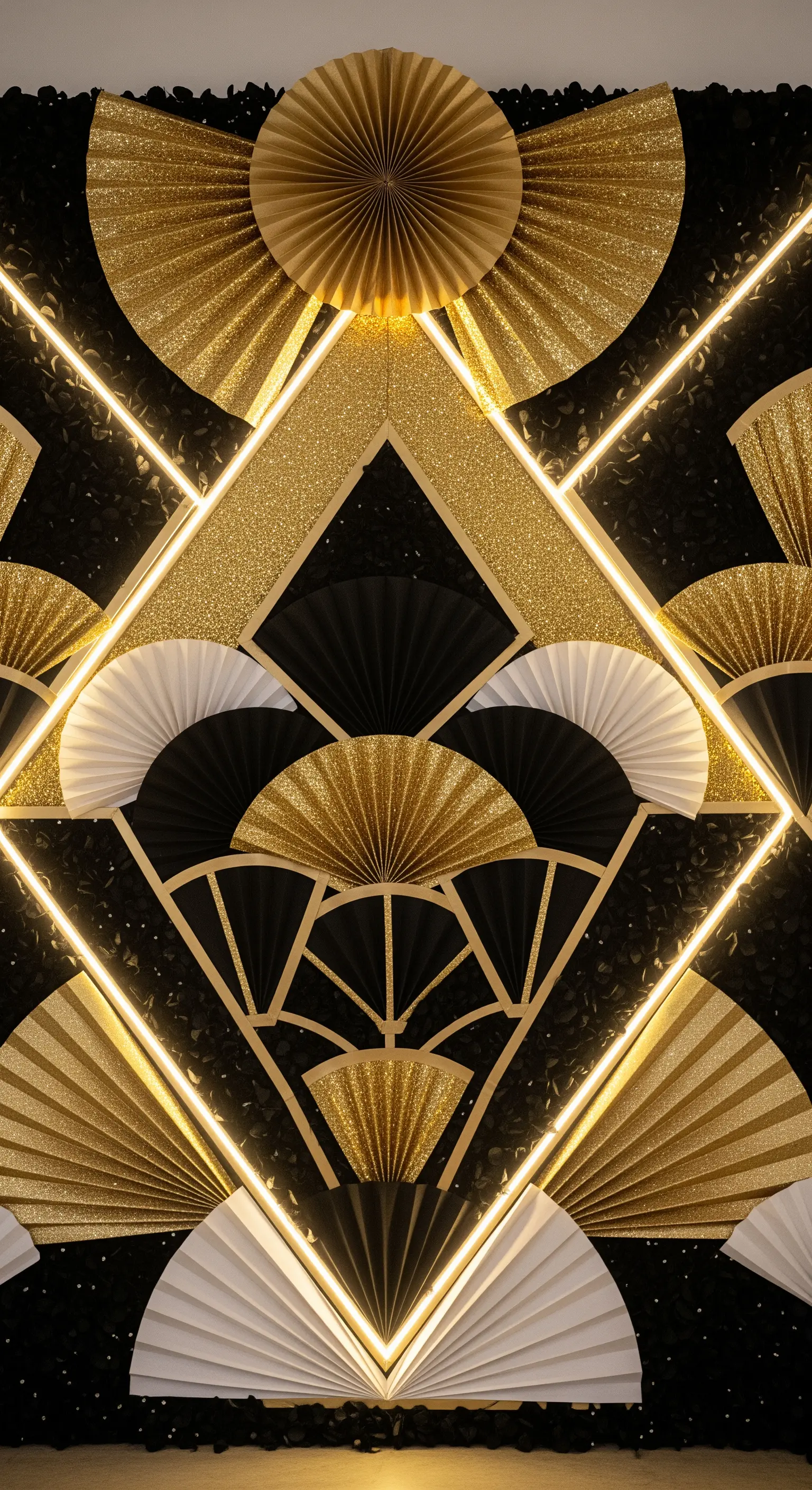 Backdrop Art Déco nero e oro con ventagli di carta e profili luminosi a LED.