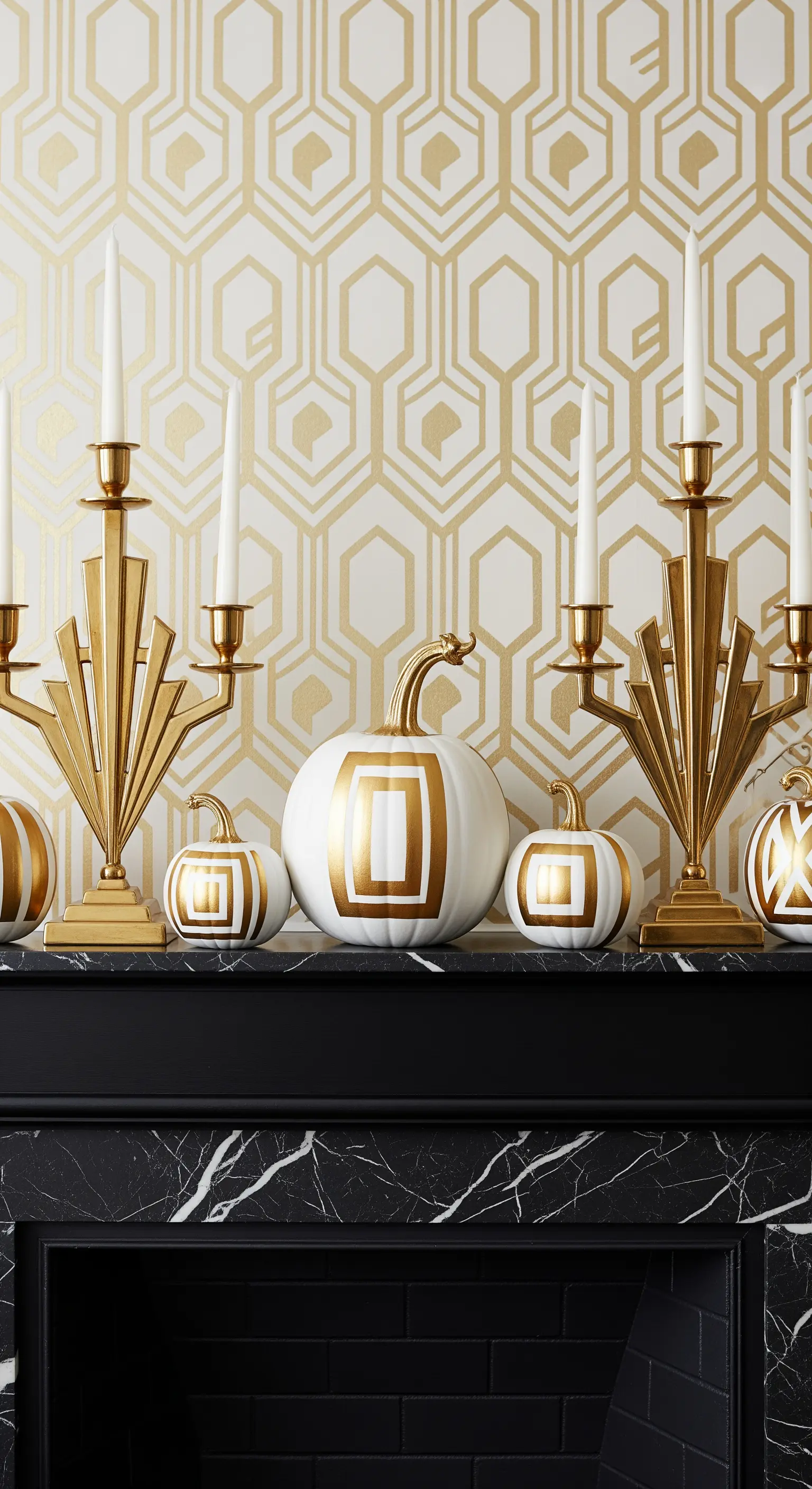 Camino in marmo nero con zucche e candelabri in stile Art Déco