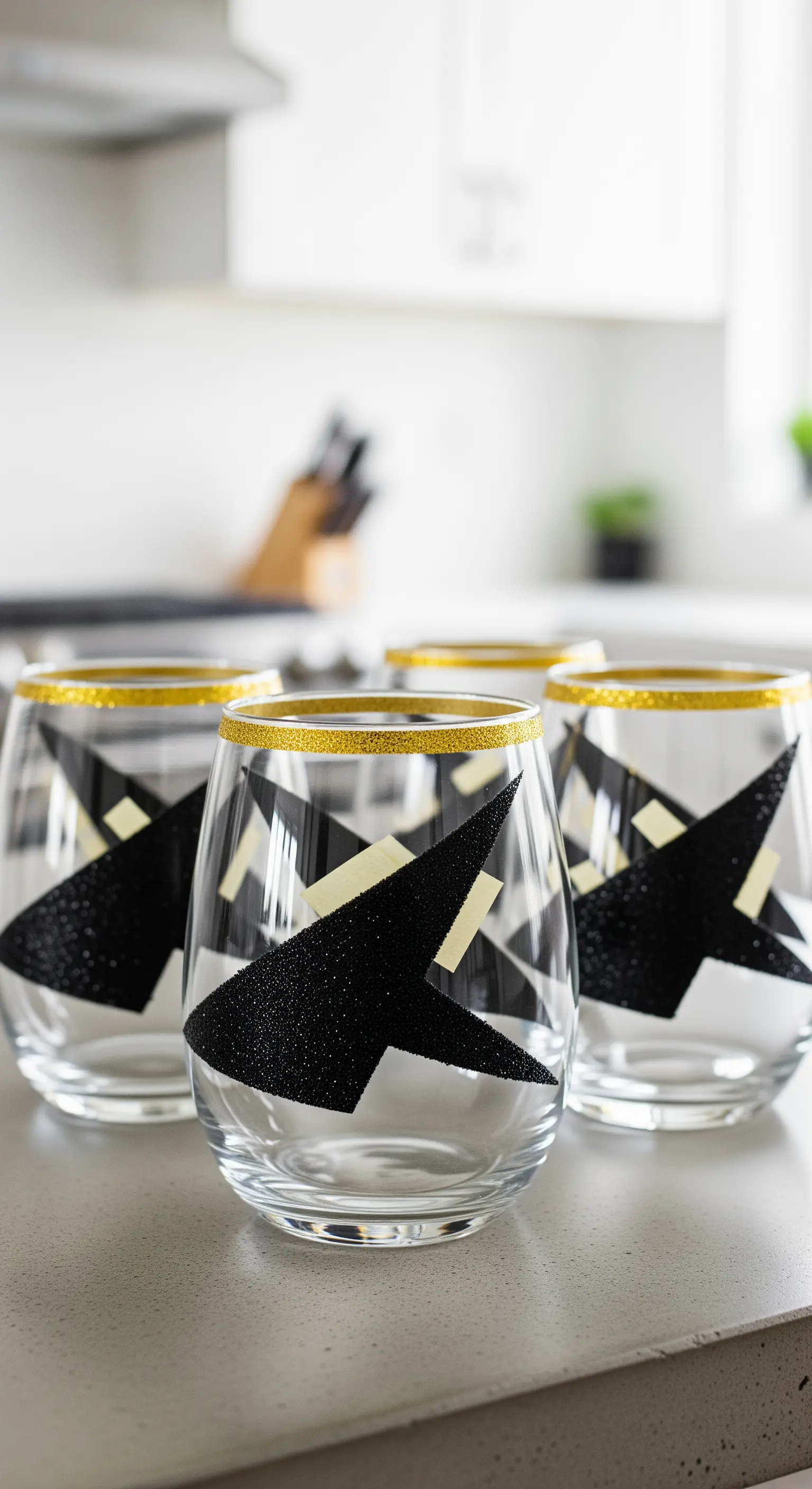 Bicchieri senza stelo con decorazioni geometriche in glitter nero e bordo dorato.
