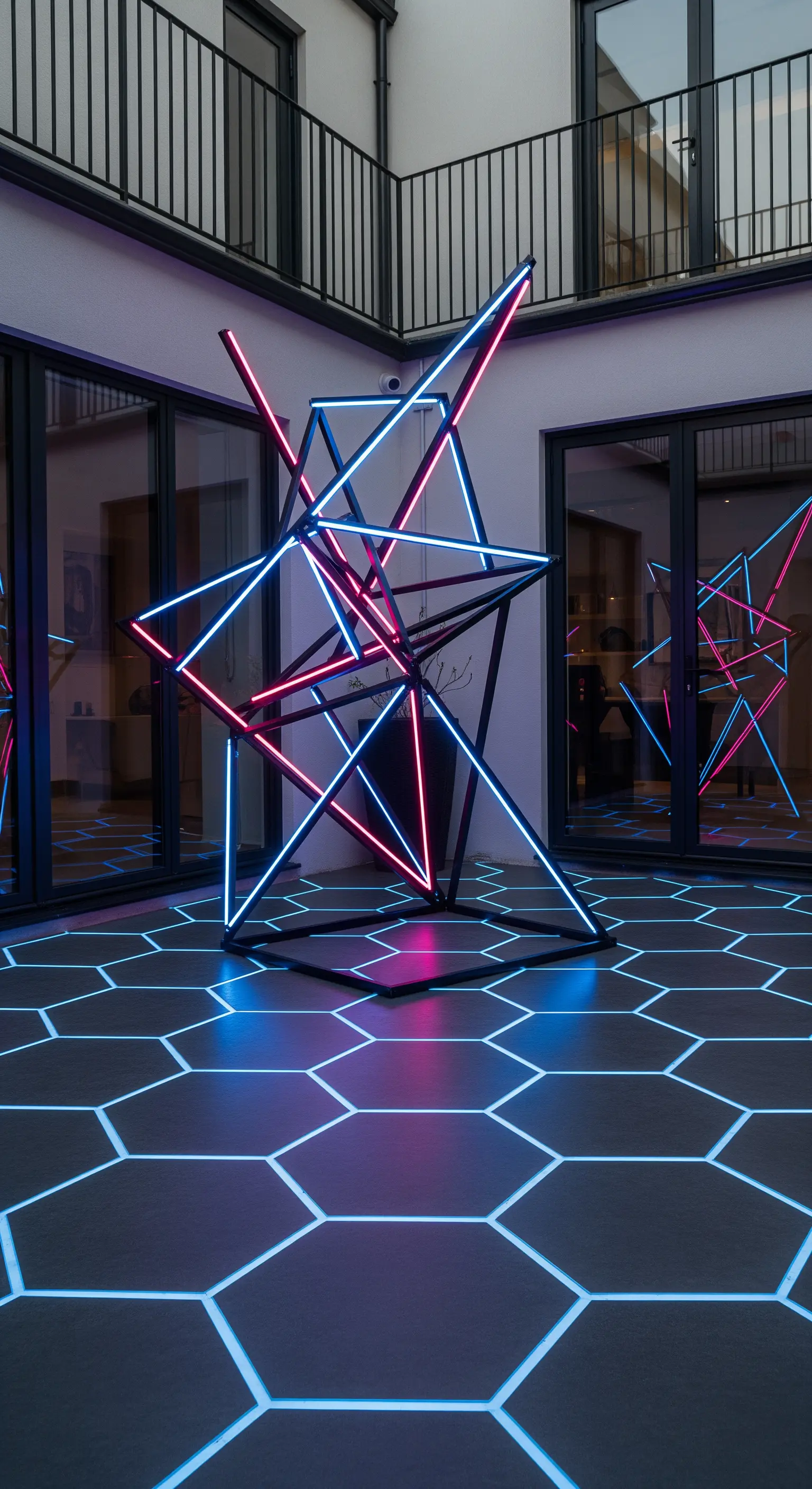 Scultura geometrica al neon blu e rosa su pavimento esagonale retroilluminato.