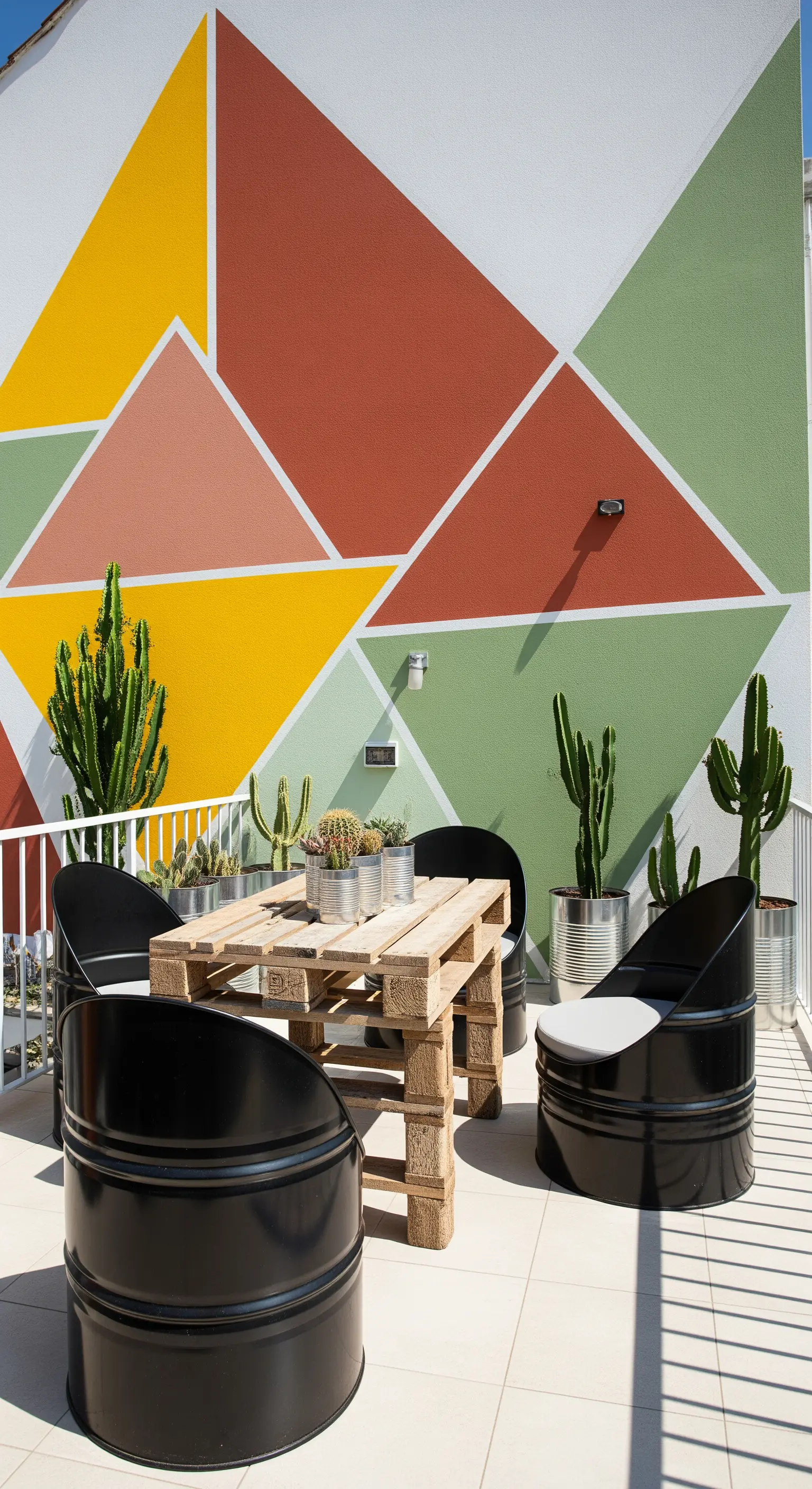 Terrazza con murale geometrico, tavolo in pallet e sedie nere ricavate da barili industriali.