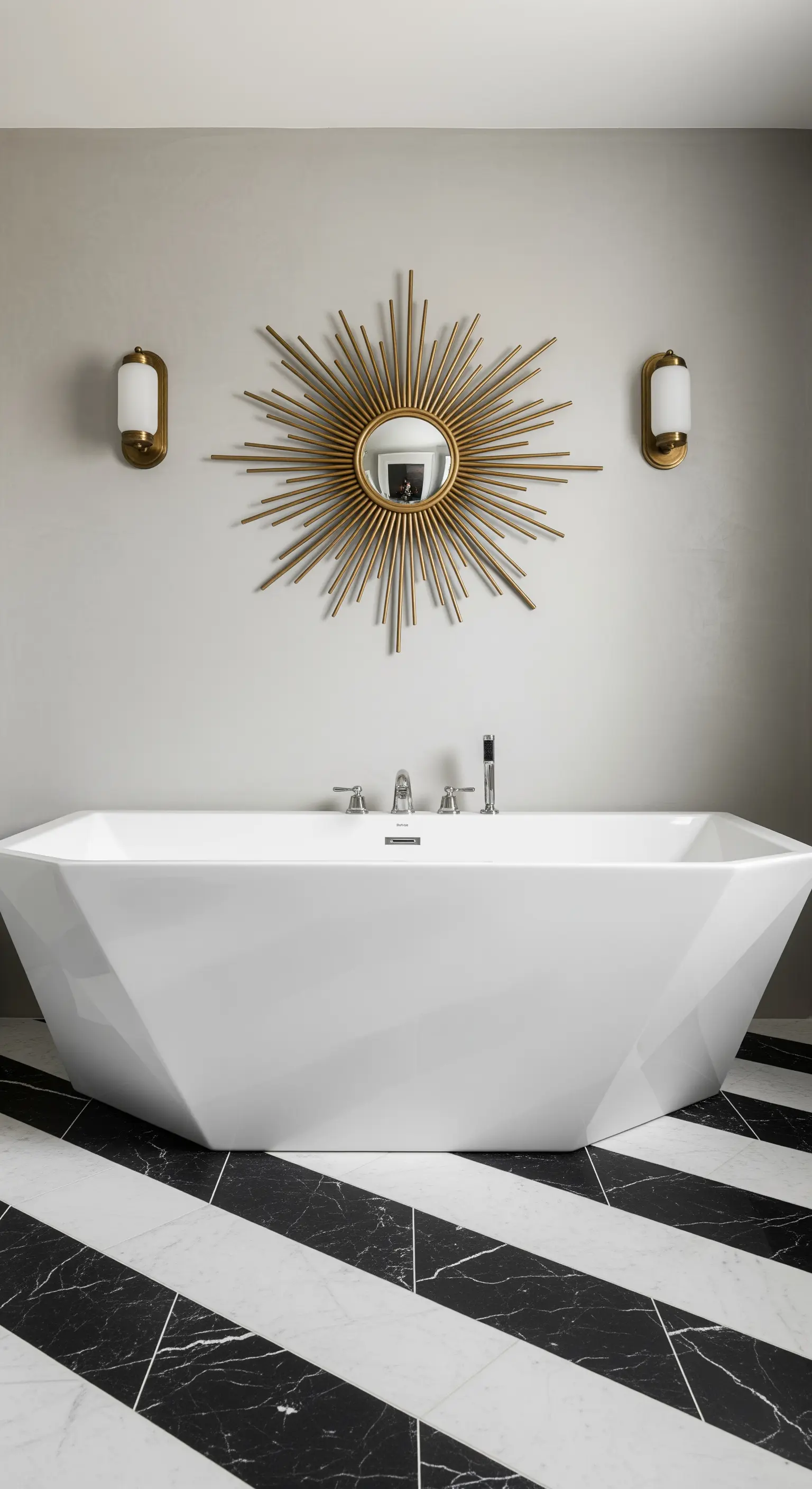 Vasca geometrica su pavimento in marmo a strisce bianche e nere con specchio a sole dorato.