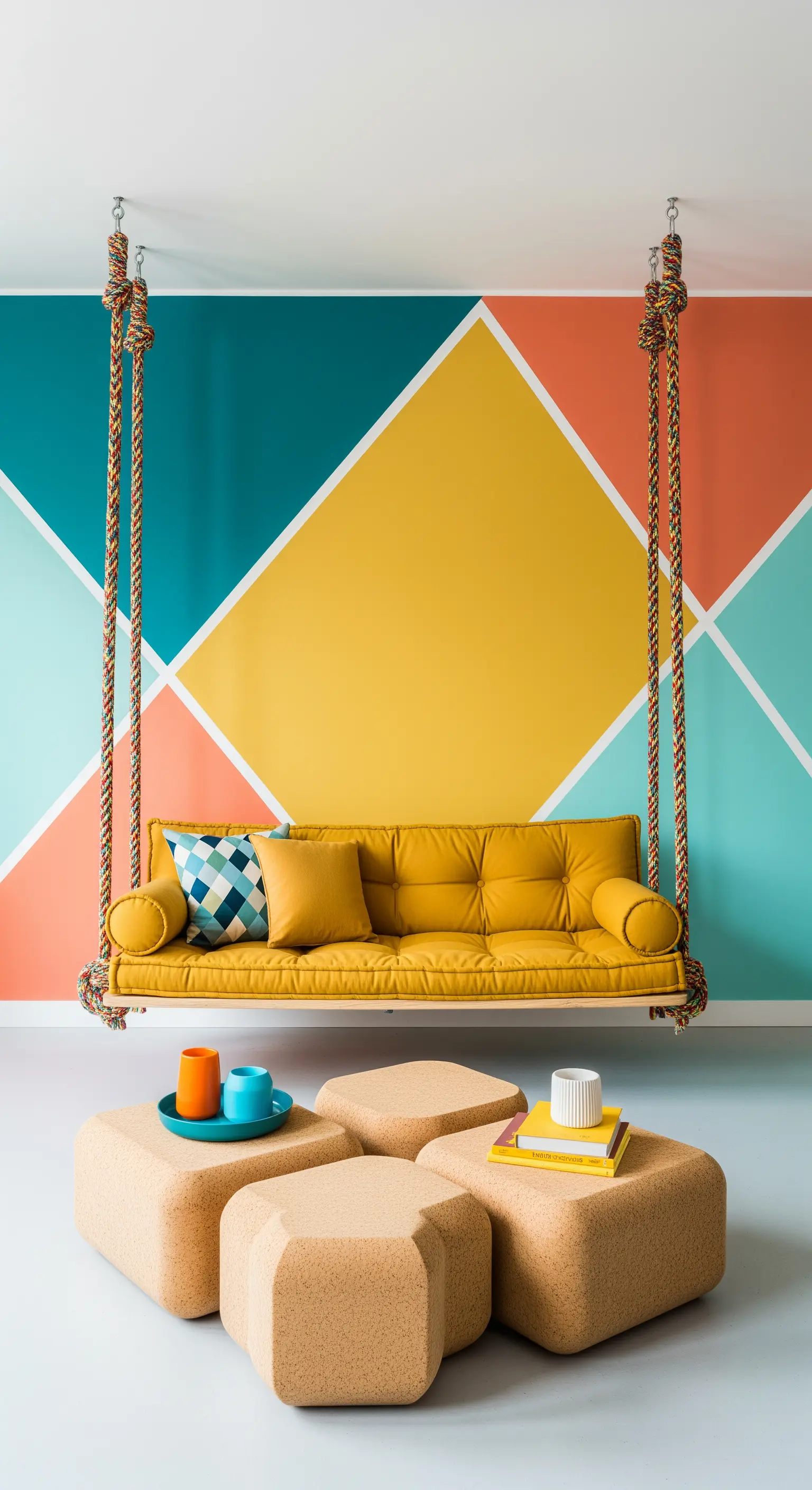 Divano sospeso giallo di fronte a una parete con un murale geometrico colorato.