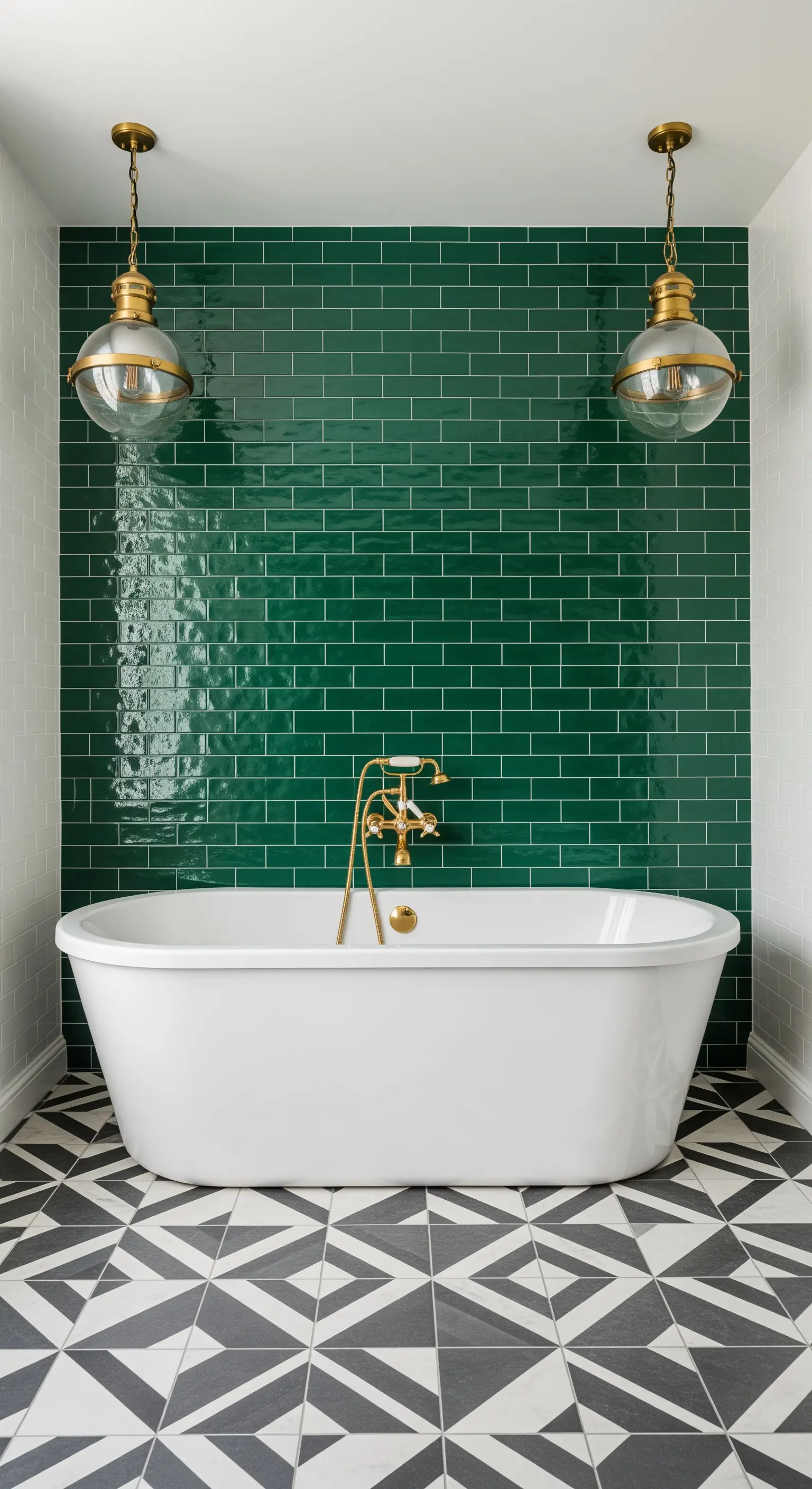 Vasca da bagno bianca con rubinetteria dorata, parete verde smeraldo e pavimento geometrico.
