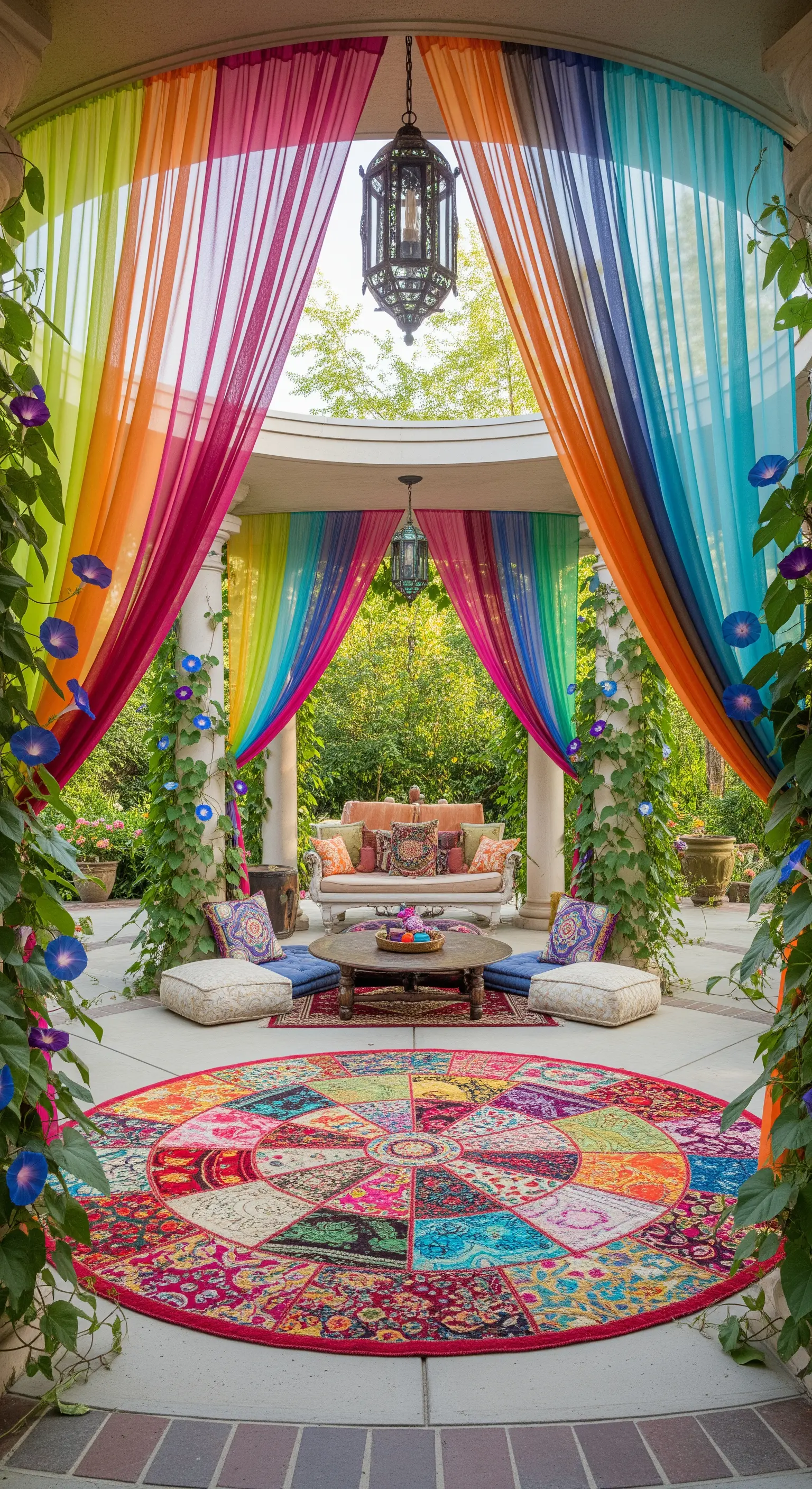Patio circolare con tappeto rotondo patchwork, pouf, e tende color arcobaleno.