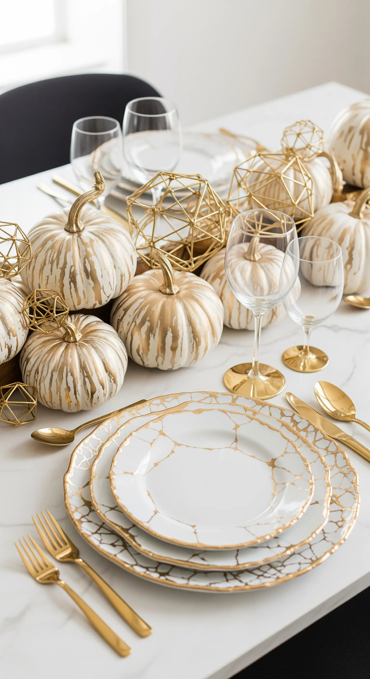 Zucche bianche con pennellate dorate alternate a piccole sculture geometriche in metallo.