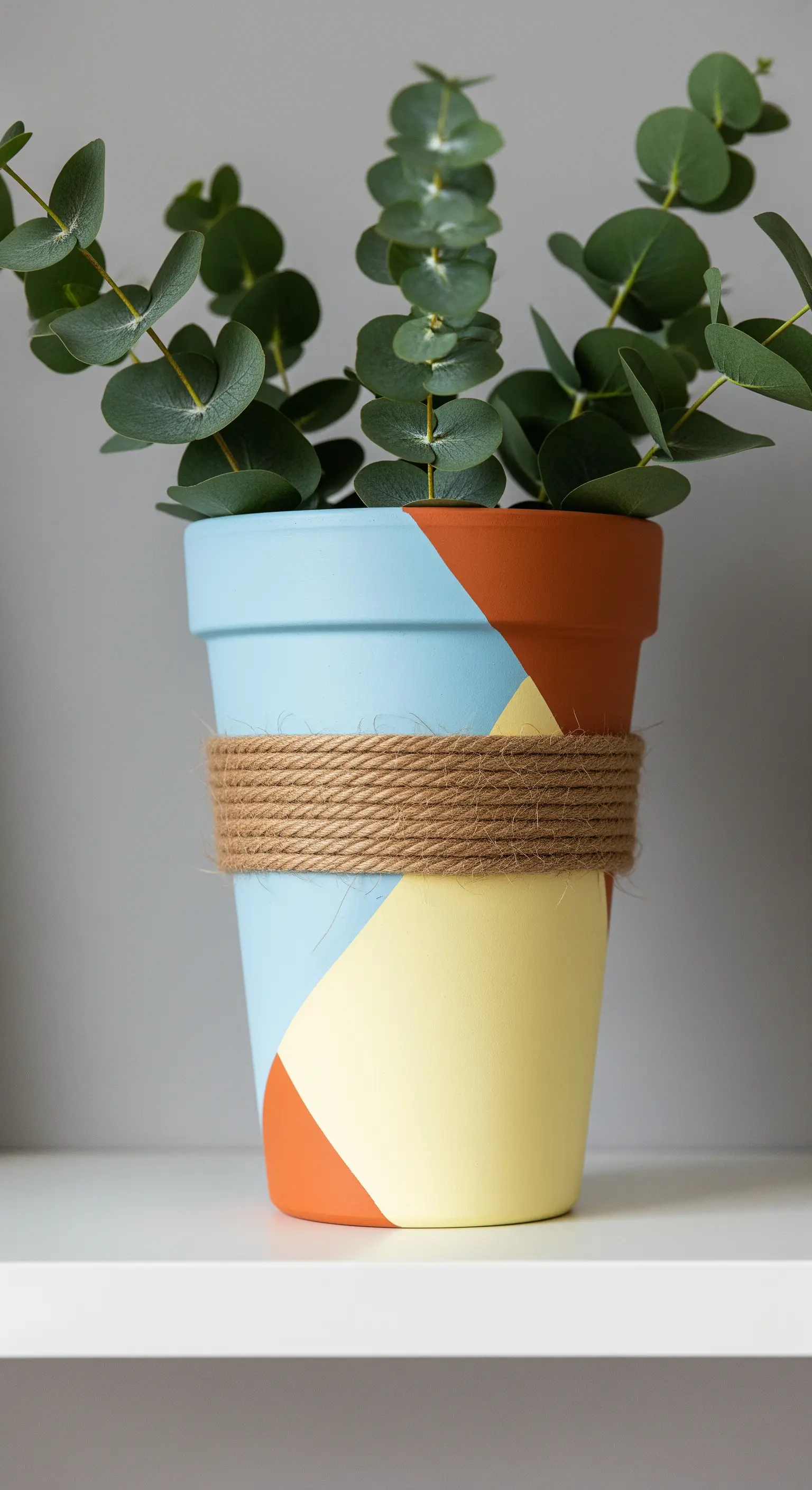 Vaso di terracotta con blocchi di colore geometrici e una fascia centrale di corda di iuta.