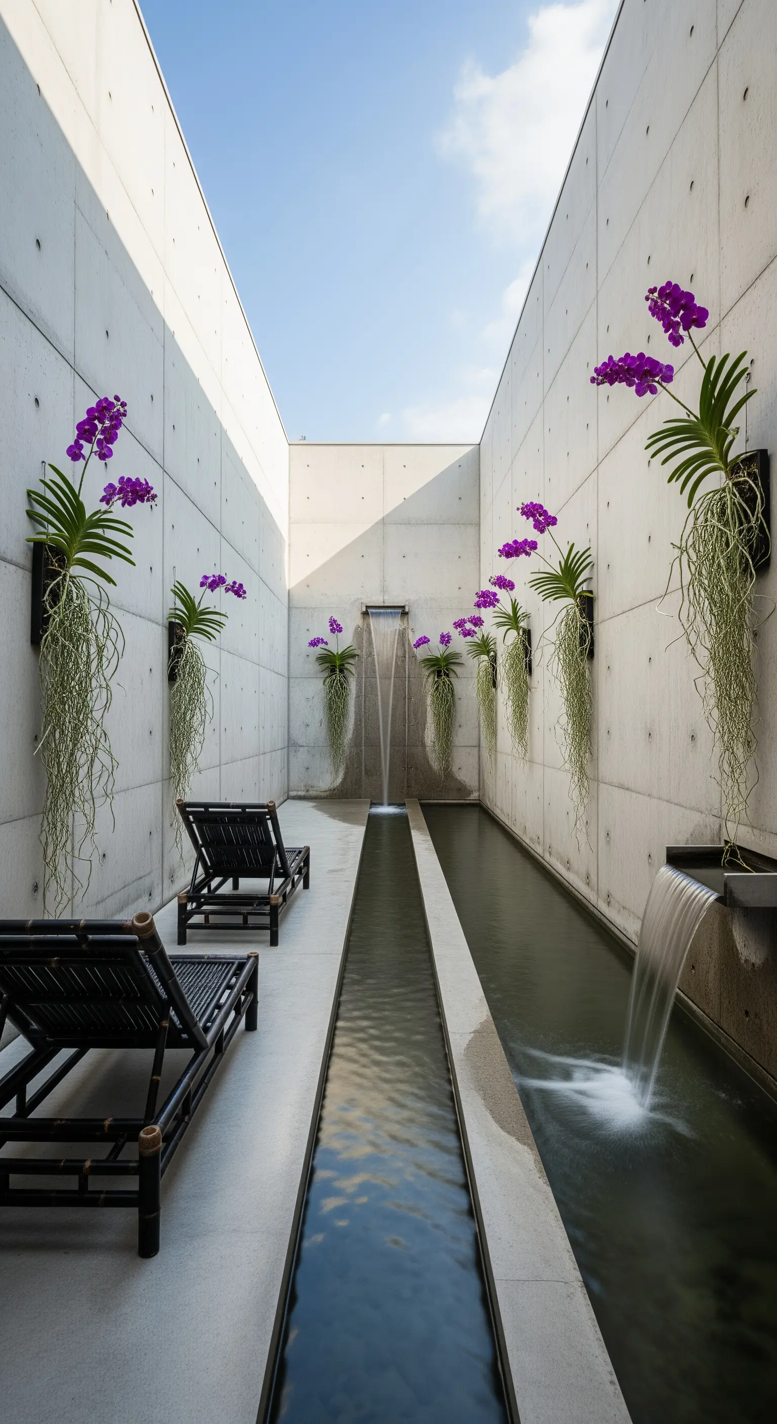 Corridoio in cemento con canali d'acqua, cascate e orchidee viola pendenti.
