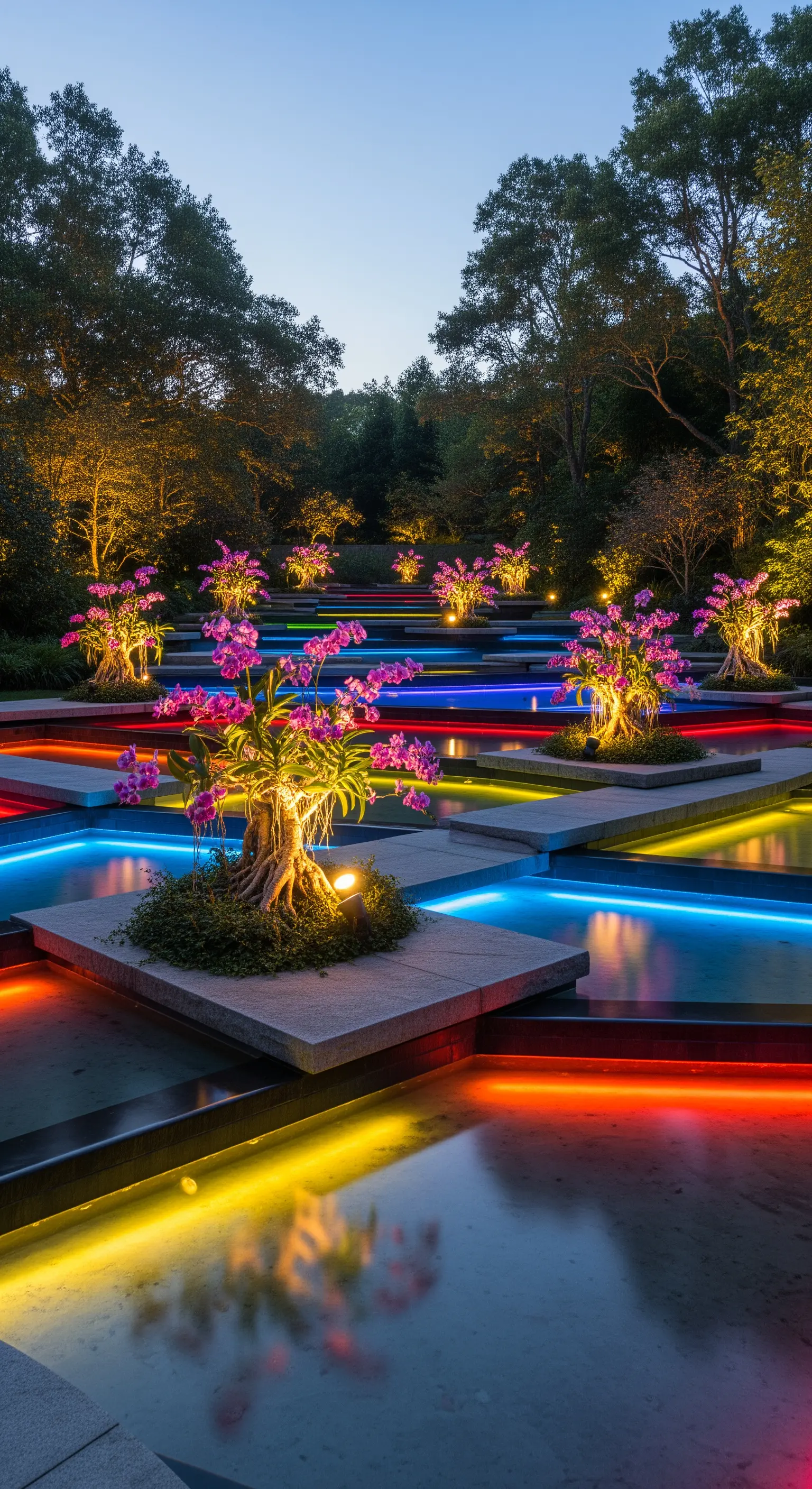 Giardino a gradoni con vasche d'acqua e aiuole illuminate da strisce LED multicolore.