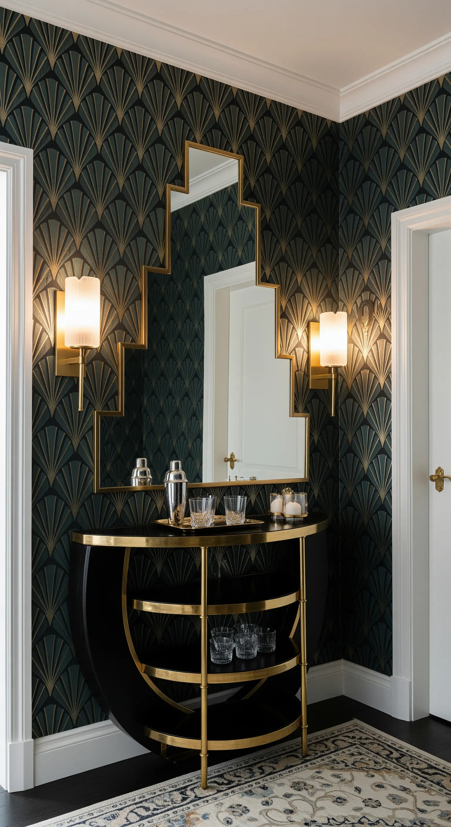 Angolo bar in ingresso con carta da parati Art Déco, consolle nera e ottone e specchio geometrico.