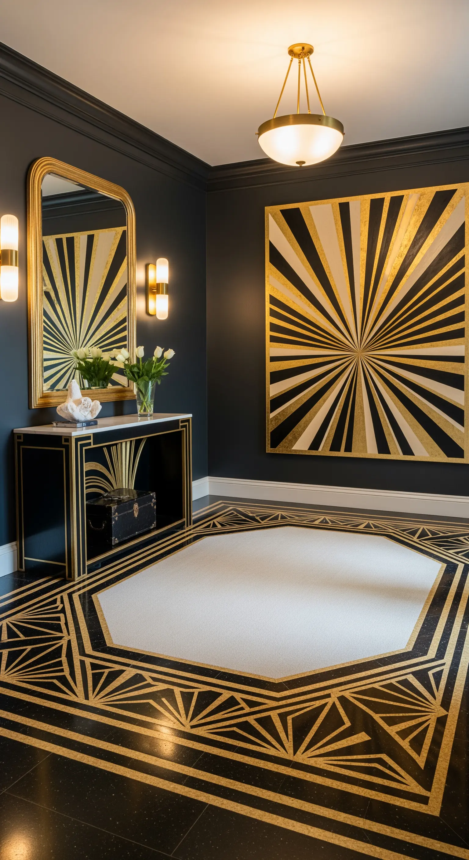Ingresso Art Déco con pavimento intarsiato, quadro geometrico nero e oro e consolle abbinata.
