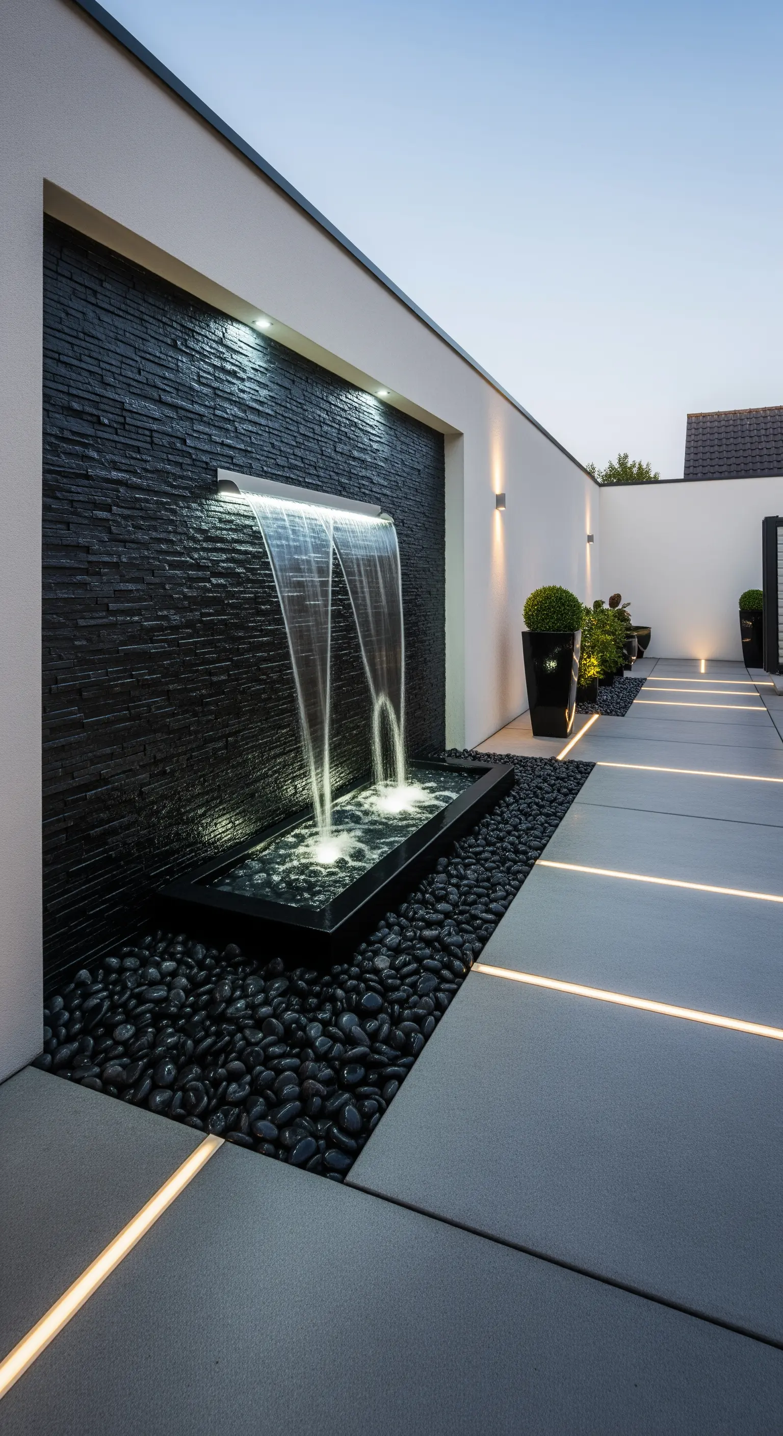 Fontana a cascata su parete nera con strisce LED incassate nel pavimento in cemento.