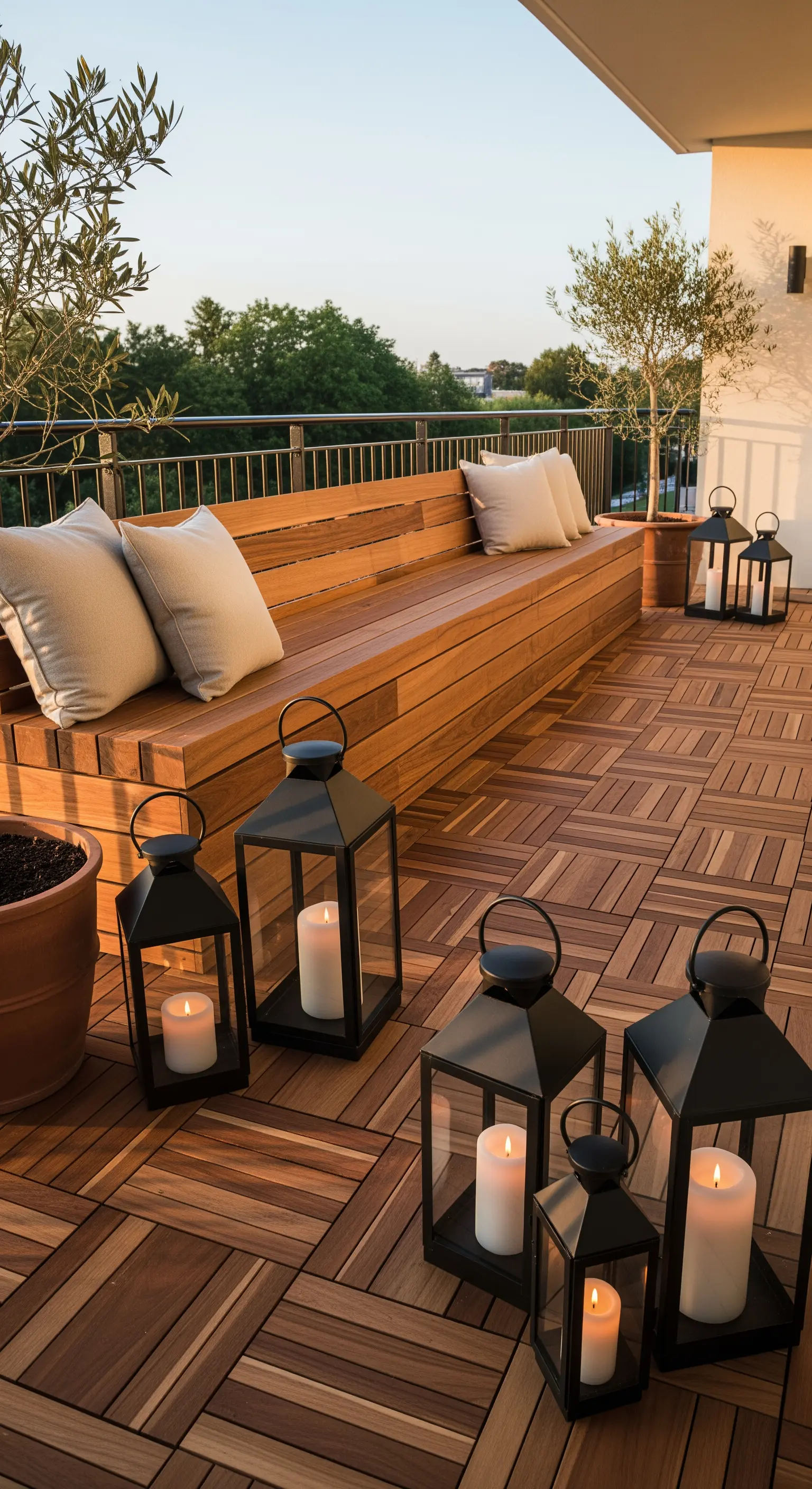 Balcone con panca in legno, pavimentazione a quadrotte e un gruppo di lanterne nere a terra.