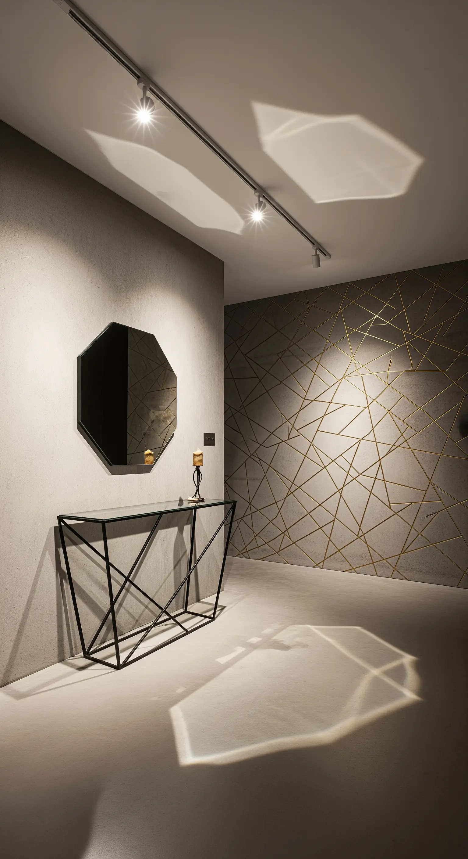 Ingresso moderno con faretti che proiettano la forma di uno specchio ottagonale sulla parete.
