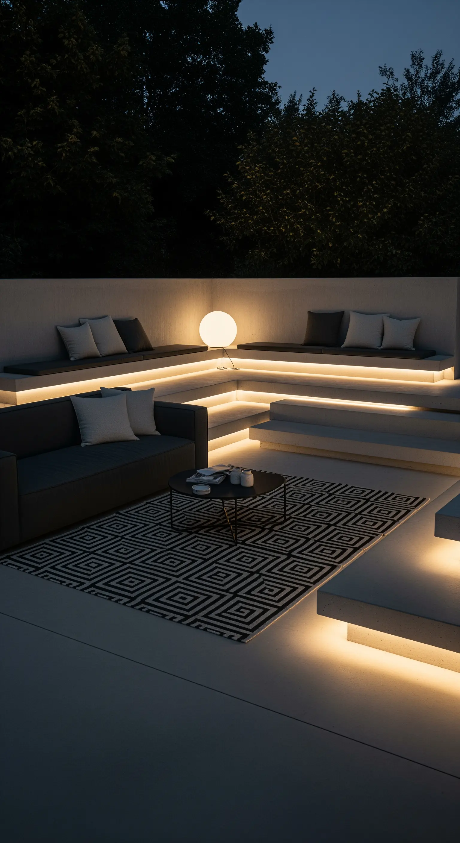 Patio moderno e minimalista con sedute in cemento e illuminazione a LED integrata.